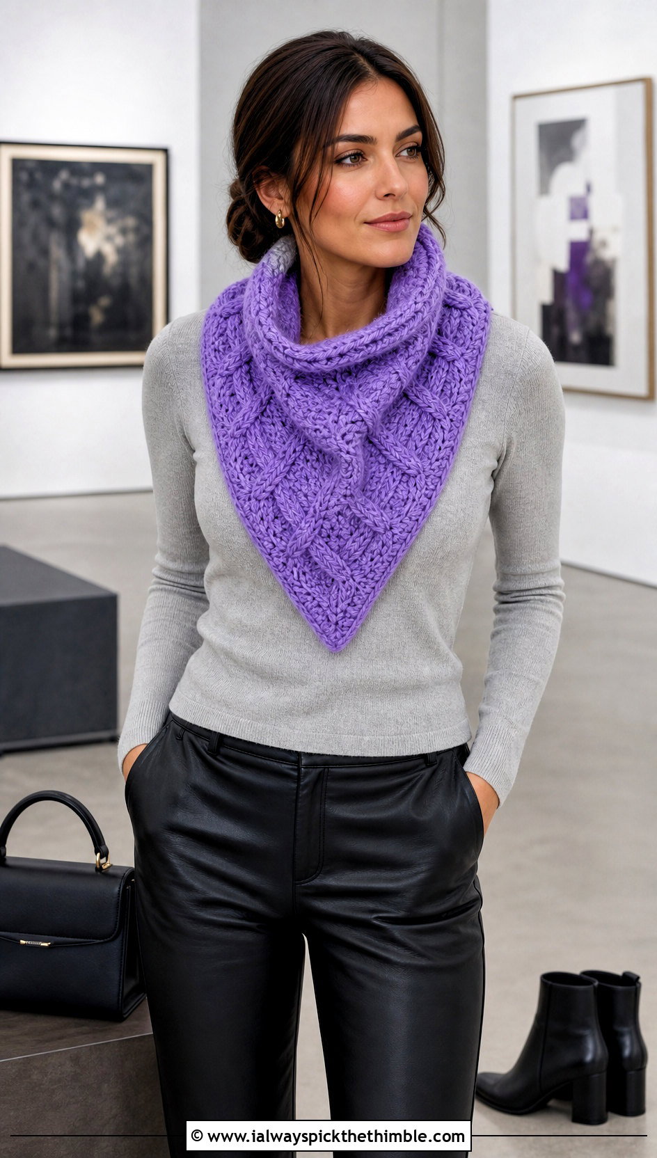 Cable Texture Triangle Cowl With Leather Pants - 20 crochet triangle cowl outfit ideas