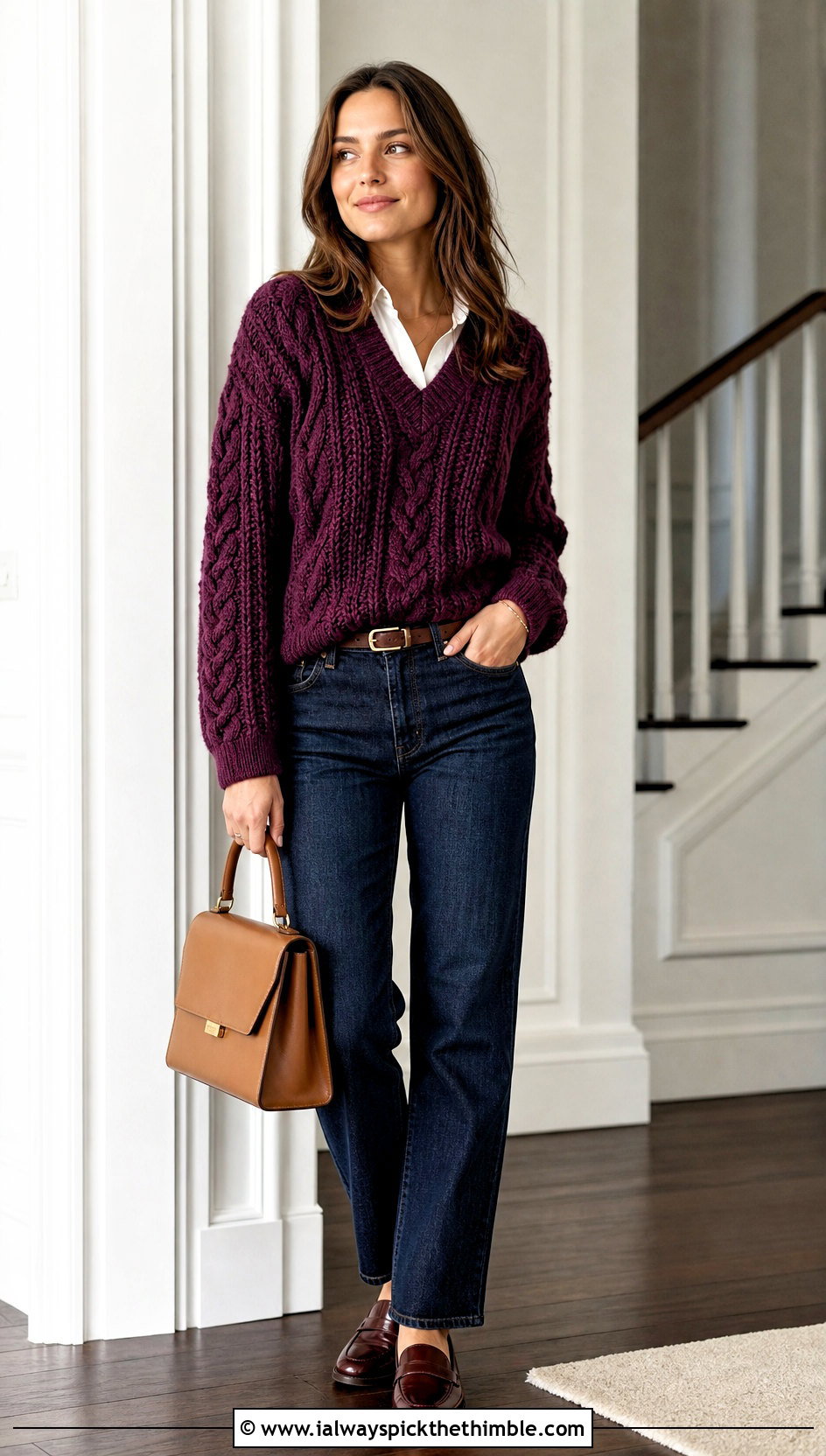 Cable Texture V Neck Crochet Sweater With Dark Wash Jeans - 25 v neck crochet sweater outfit ideas