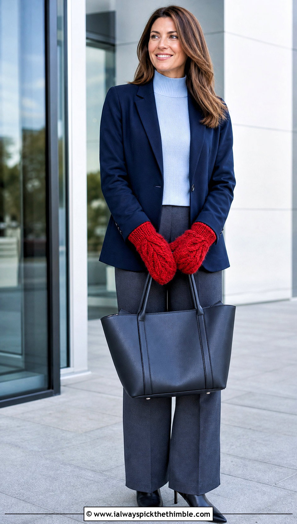 Cable Textured Bulky Yarn Crochet Mittens With Blazer And Wide Leg Pants - 20 Crochet Mittens Bulky Yarn outfit ideas