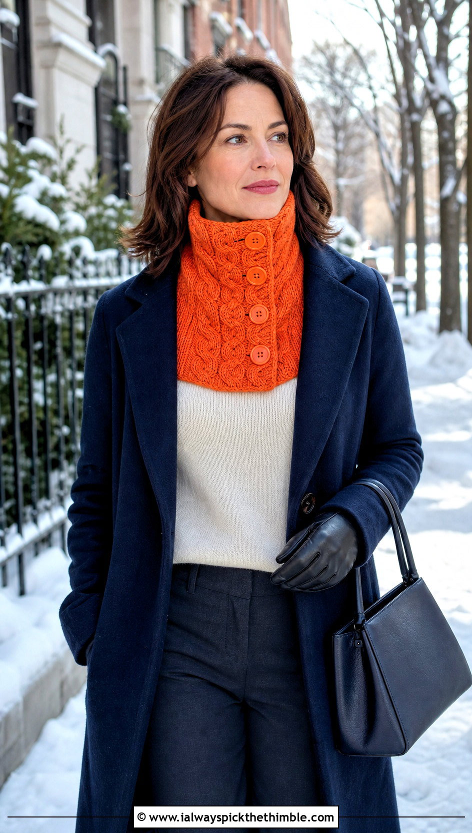 Cable Textured Buttoned Neck Warmer Scarf With Wool Coat - 15 Crochet Button Hole Scarf outfit ideas