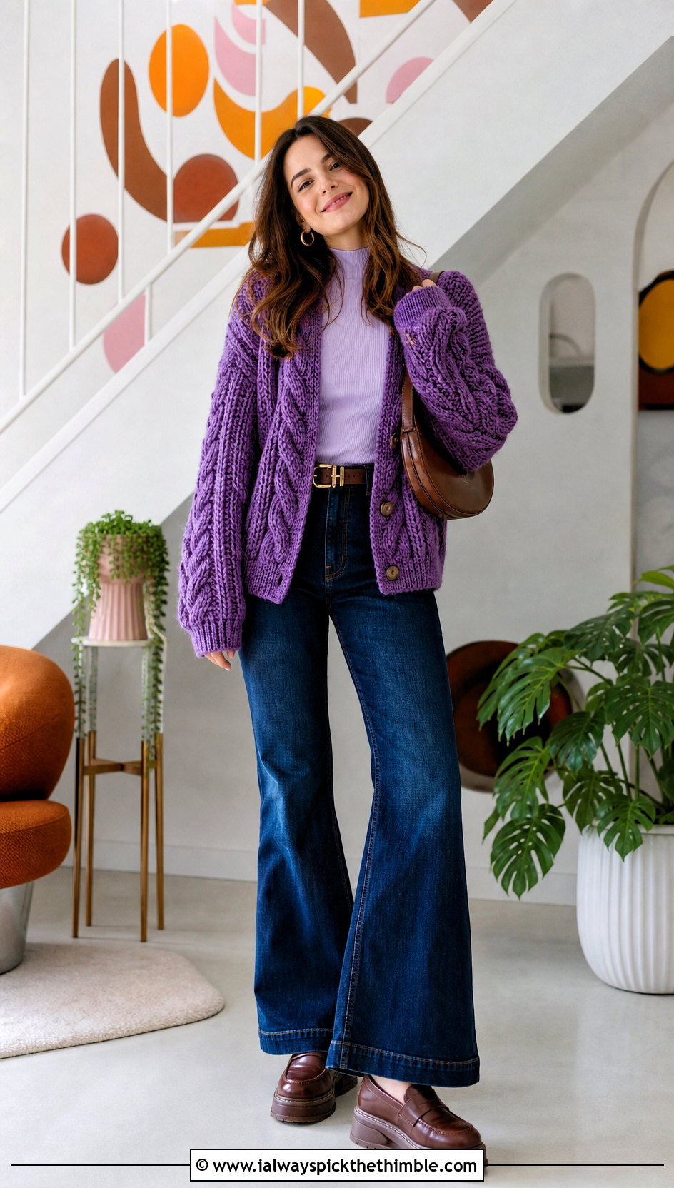 Cable Textured Chunky Crochet Cardigan With Flared Jeans - 15 Chunky Yarn Crochet Cardigan outfit ideas