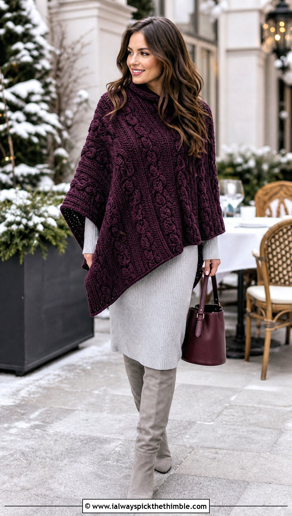 Cable Textured Chunky Crochet Poncho With Sweater Dress - 20 Chunky Crochet Poncho outfit ideas