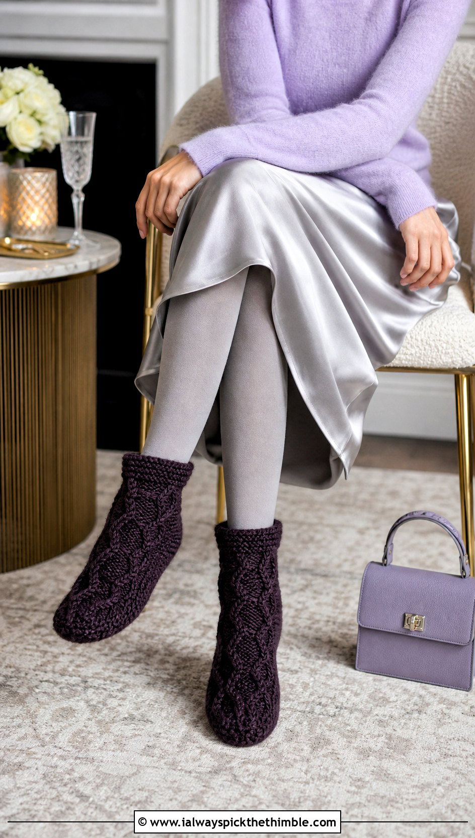 Cable Textured Chunky Crochet Slipper Socks With Satin Midi Skirt - 15 chunky crochet slipper socks outfit ideas