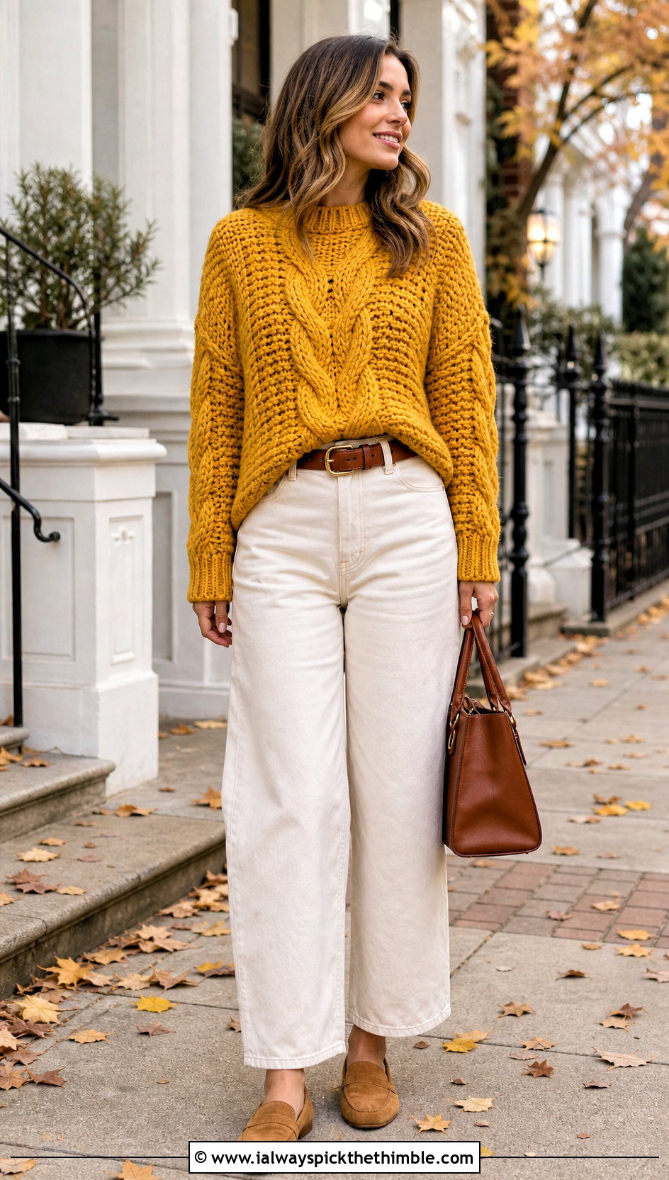 Cable Textured Chunky Crochet Sweater With Ecru Jeans - 20 Easy Chunky Crochet Sweater outfit ideas