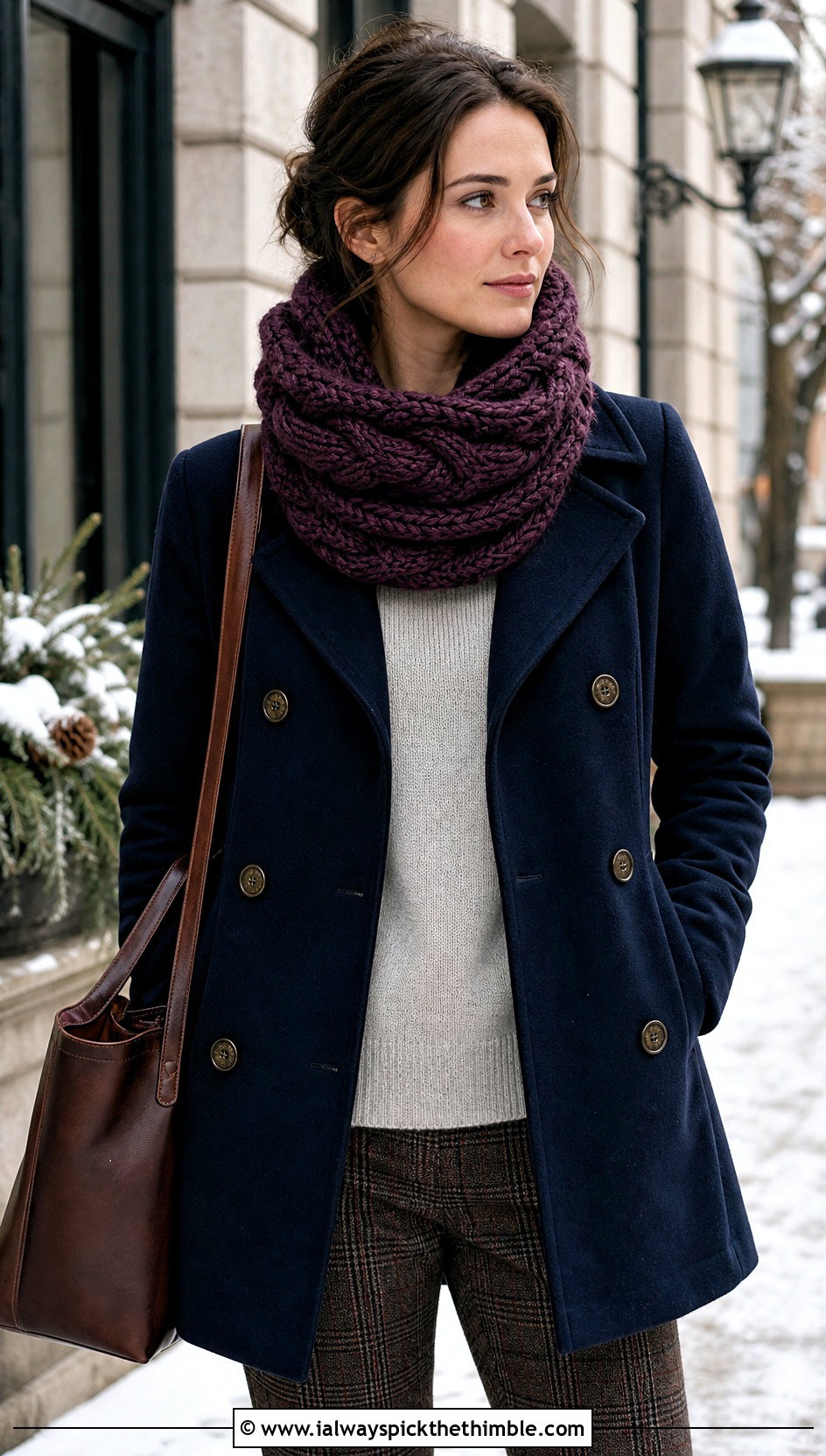 Cable Textured Chunky Yarn Crochet Cowl With Peacoat And Plaid Trousers - 20 Chunky Yarn Crochet Cowl outfit ideas