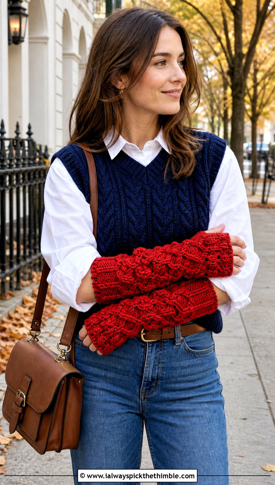 Cable Textured Crochet Arm Warmers With Sweater Vest And Jeans - 25 crochet arm warmers outfit ideas