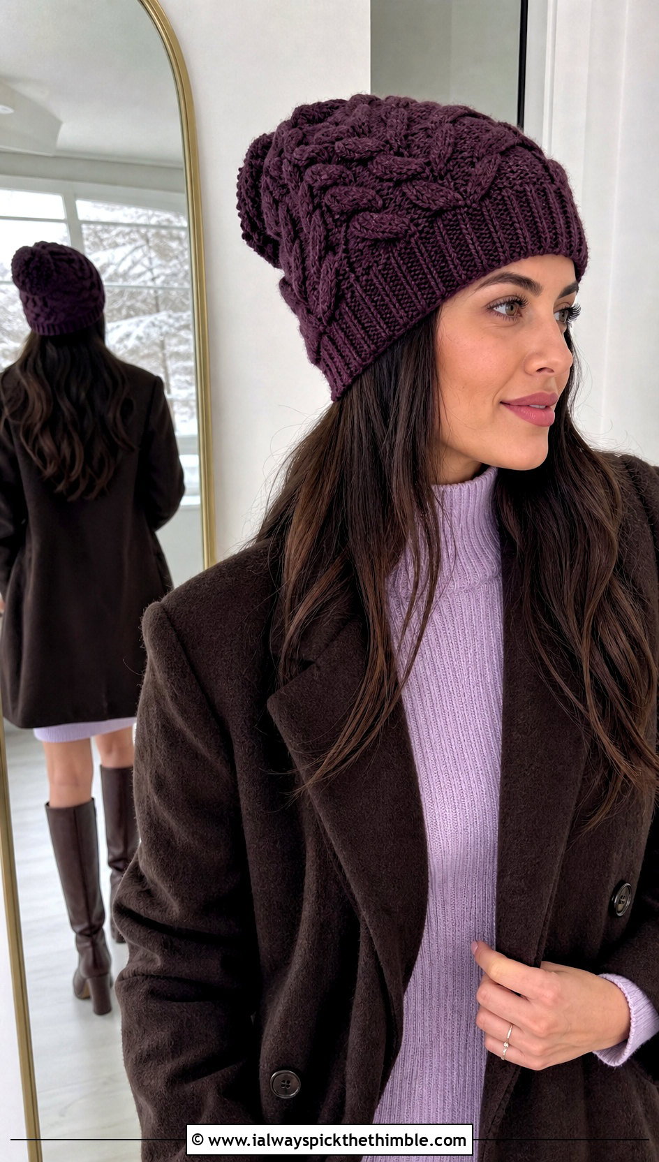 Cable Textured Crochet Beanie With Sweater Dress And Tall Boots - 25 aesthetic crochet beanie outfit ideas