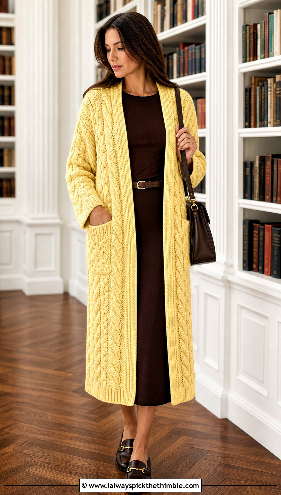 Cable Textured Crochet Cardigan With Knit Midi Skirt - 15 crochet long cardigan with pockets outfit ideas