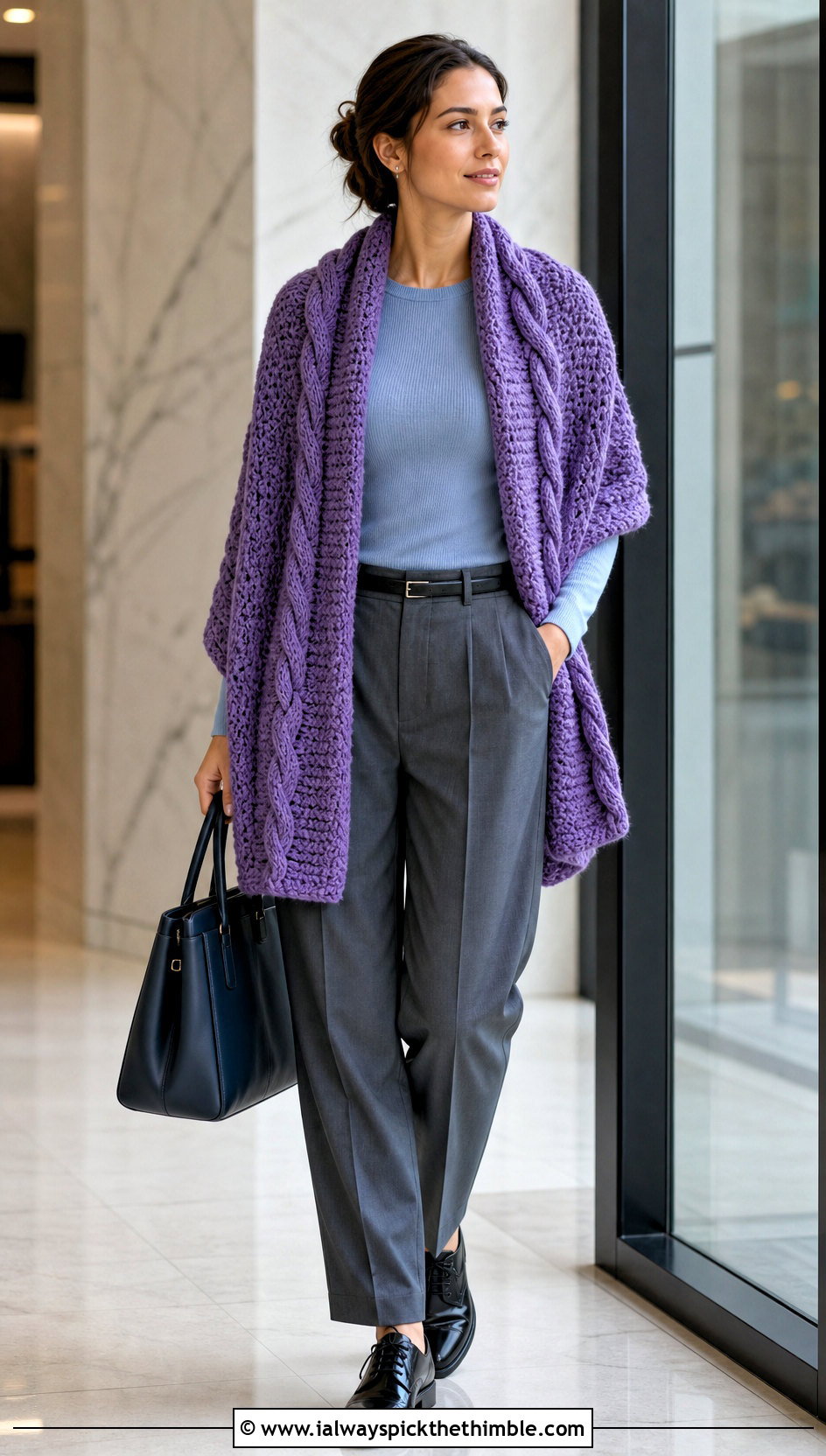 Cable Textured Crochet Chunky Shawl With Pleated Trousers - 20 Crochet Chunky Shawl outfit ideas
