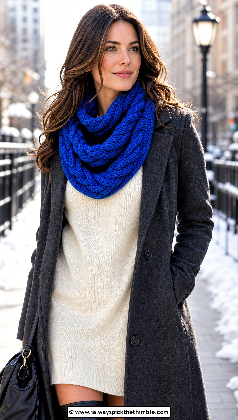 Cable Textured Crochet Cowl Scarf With Sweater Dress - 25 crochet cowell scarf outfit ideas