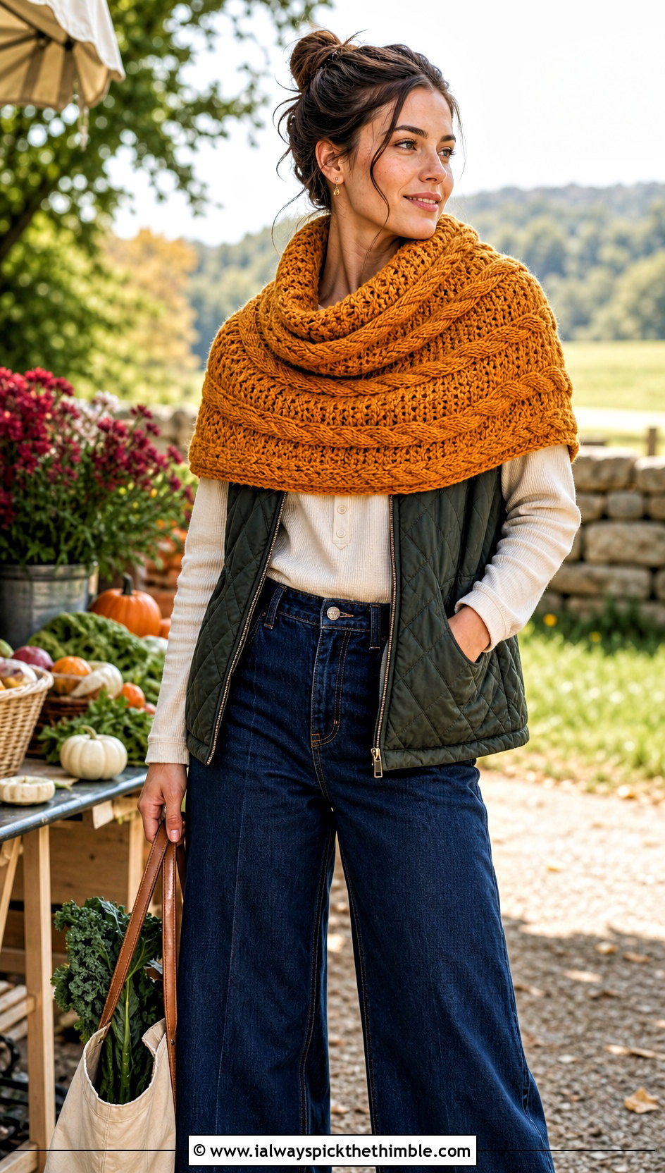 Cable Textured Crochet Cowl Shawl With Quilted Vest - 20 crochet cowl shawl outfit ideas