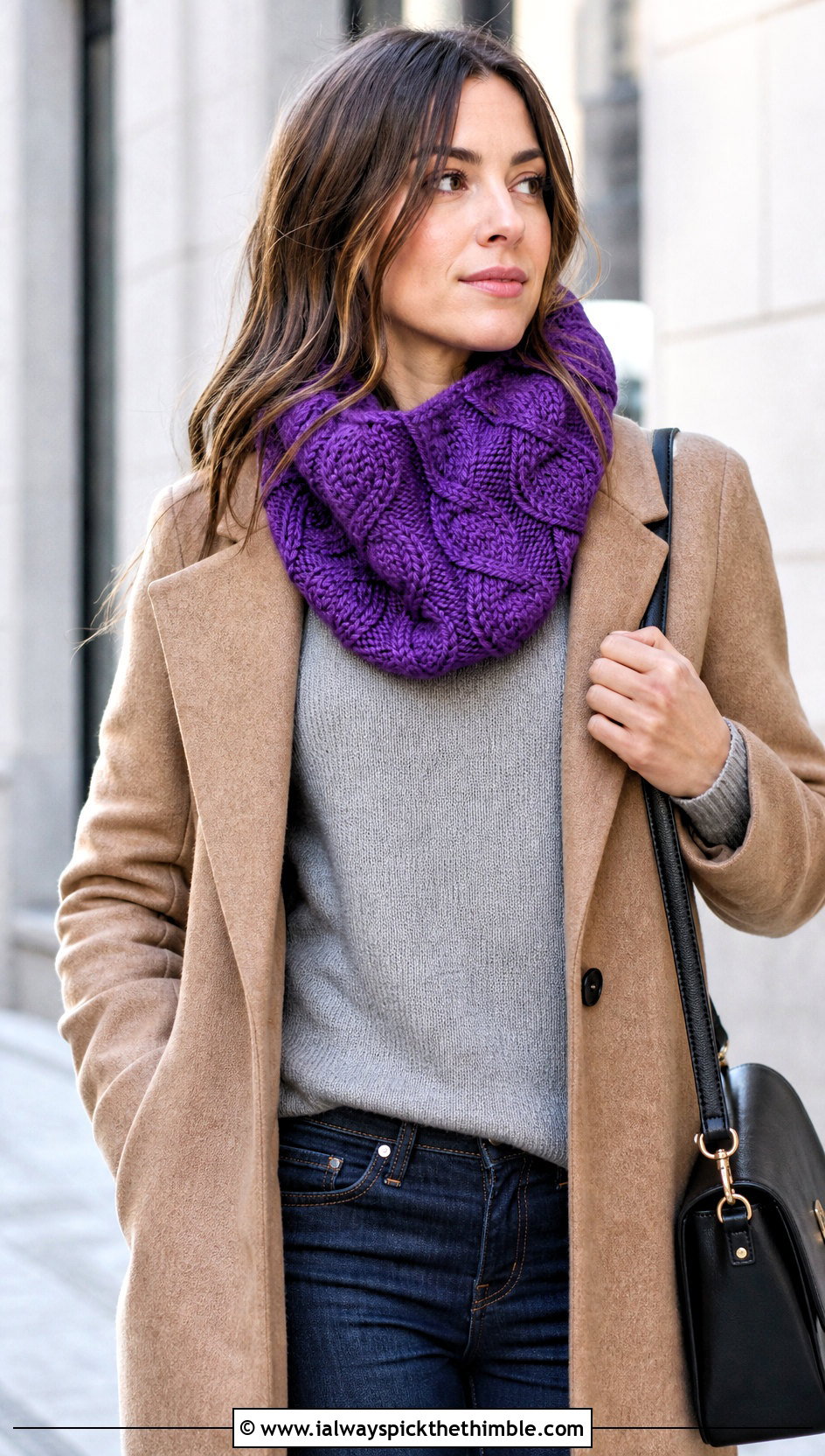 Cable Textured Crochet Cowl With Wool Coat And Straight Jeans - 25 crochet neck warmer cowls outfit ideas