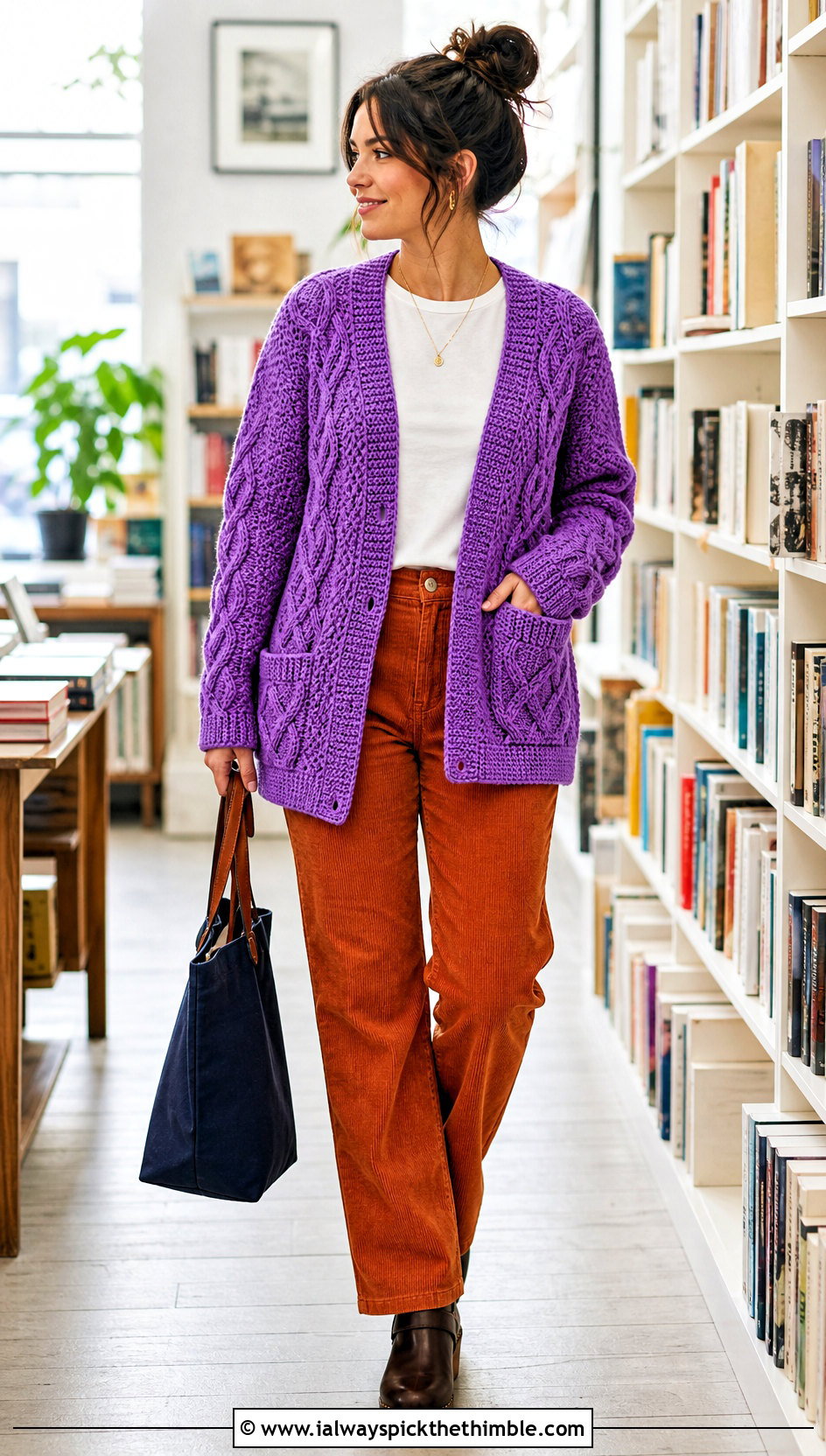 Cable Textured Crochet Fall Cardigan With Corduroy Pants - 25 crochet fall cardigan outfit ideas