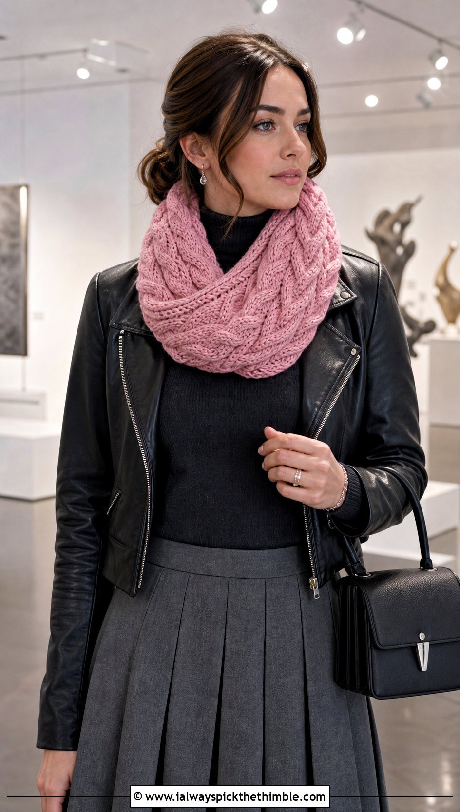 Cable Textured Crochet Infinity Scarf With Leather Jacket And Midi Skirt - 15 Crochet Infinity Scarf On Hanger outfit ideas