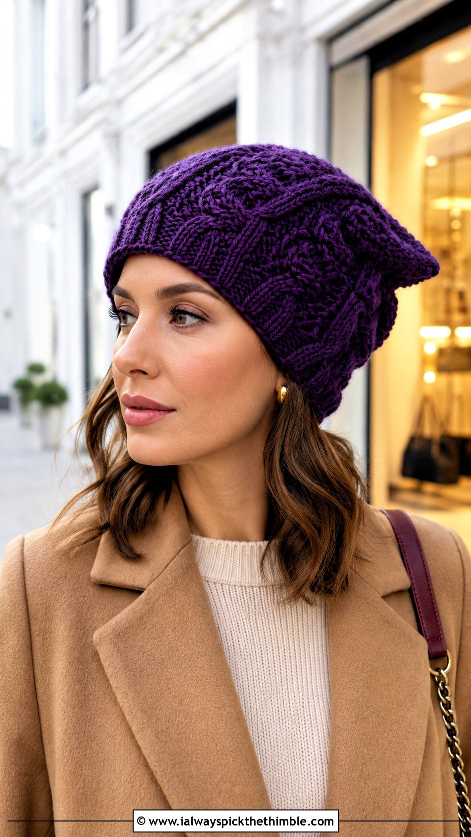 Cable Textured Crochet Link Hat With Wool Coat - 20 crochet link hat outfit ideas