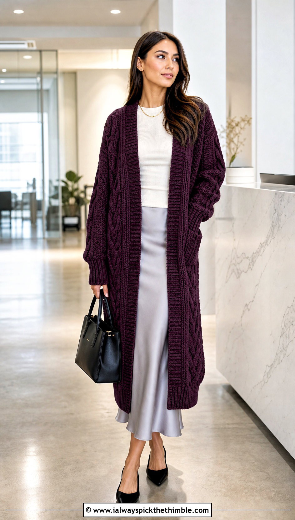 Cable Textured Crochet Longline Cardigan With Satin Skirt - 20 Crochet Longline Cardigan outfit ideas