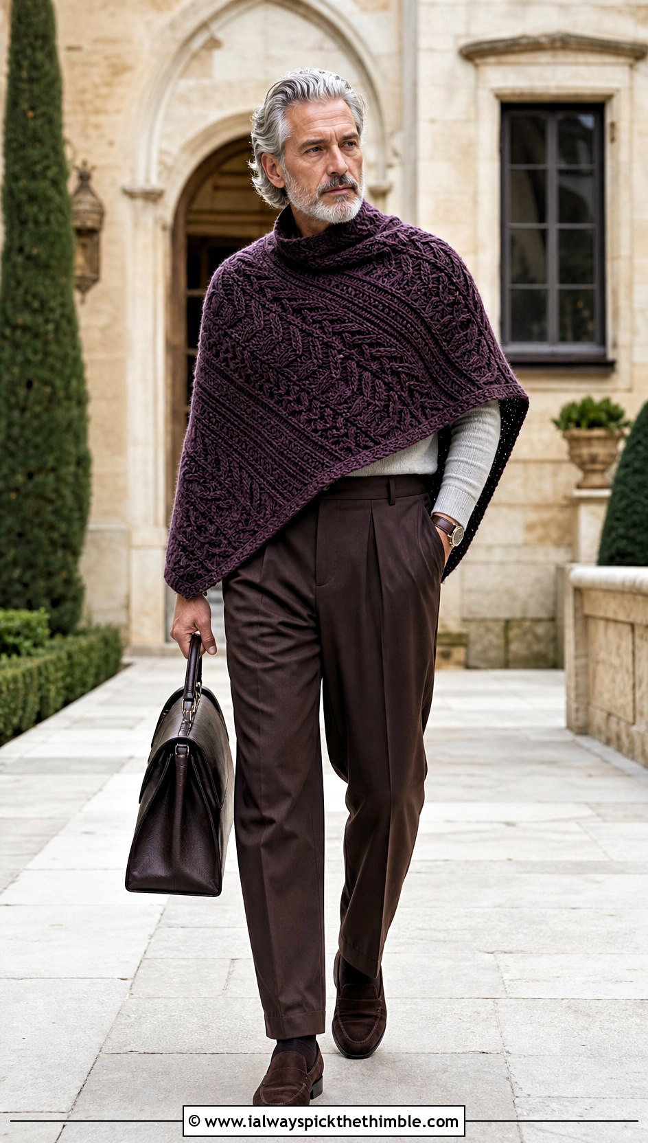 Cable Textured Crochet Poncho With Pleated Trousers - 20 men crochet poncho outfit ideas