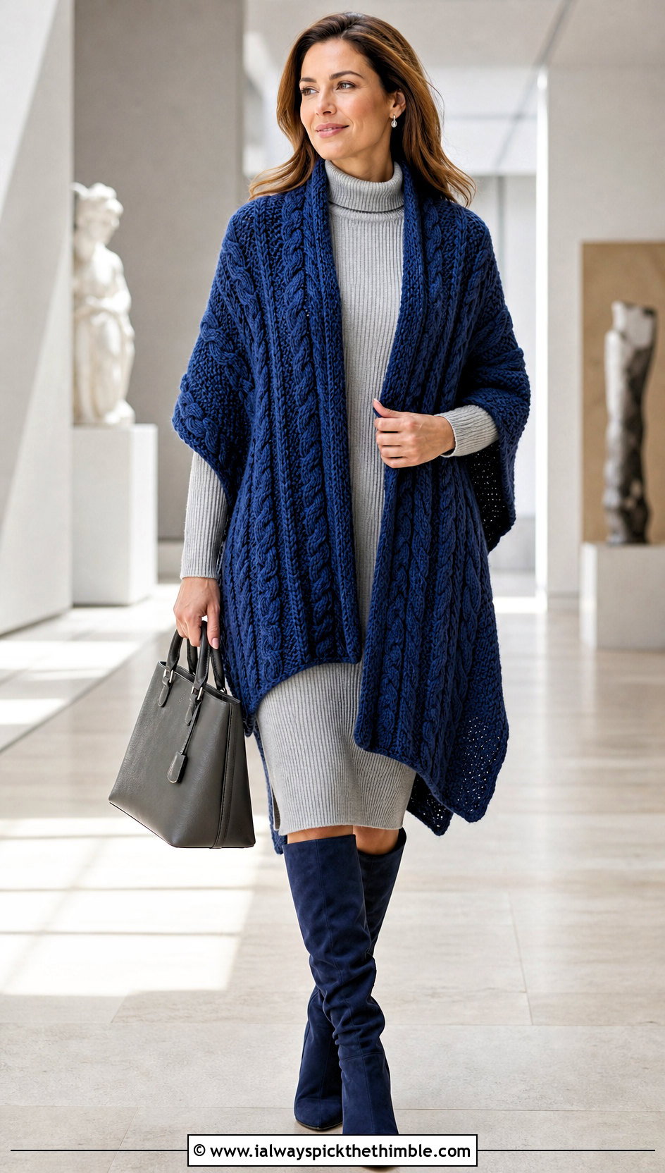 Cable Textured Crochet Ruana With Sweater Dress - 25 crochet ruana outfit ideas