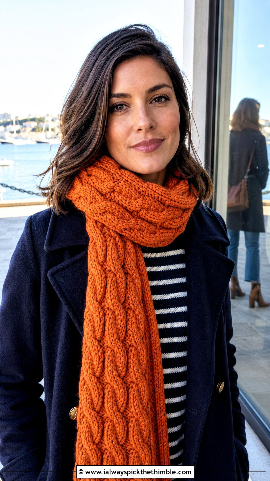 Cable Textured Crochet Scarf With Peacoat - 25 crochet winter scarf outfit ideas