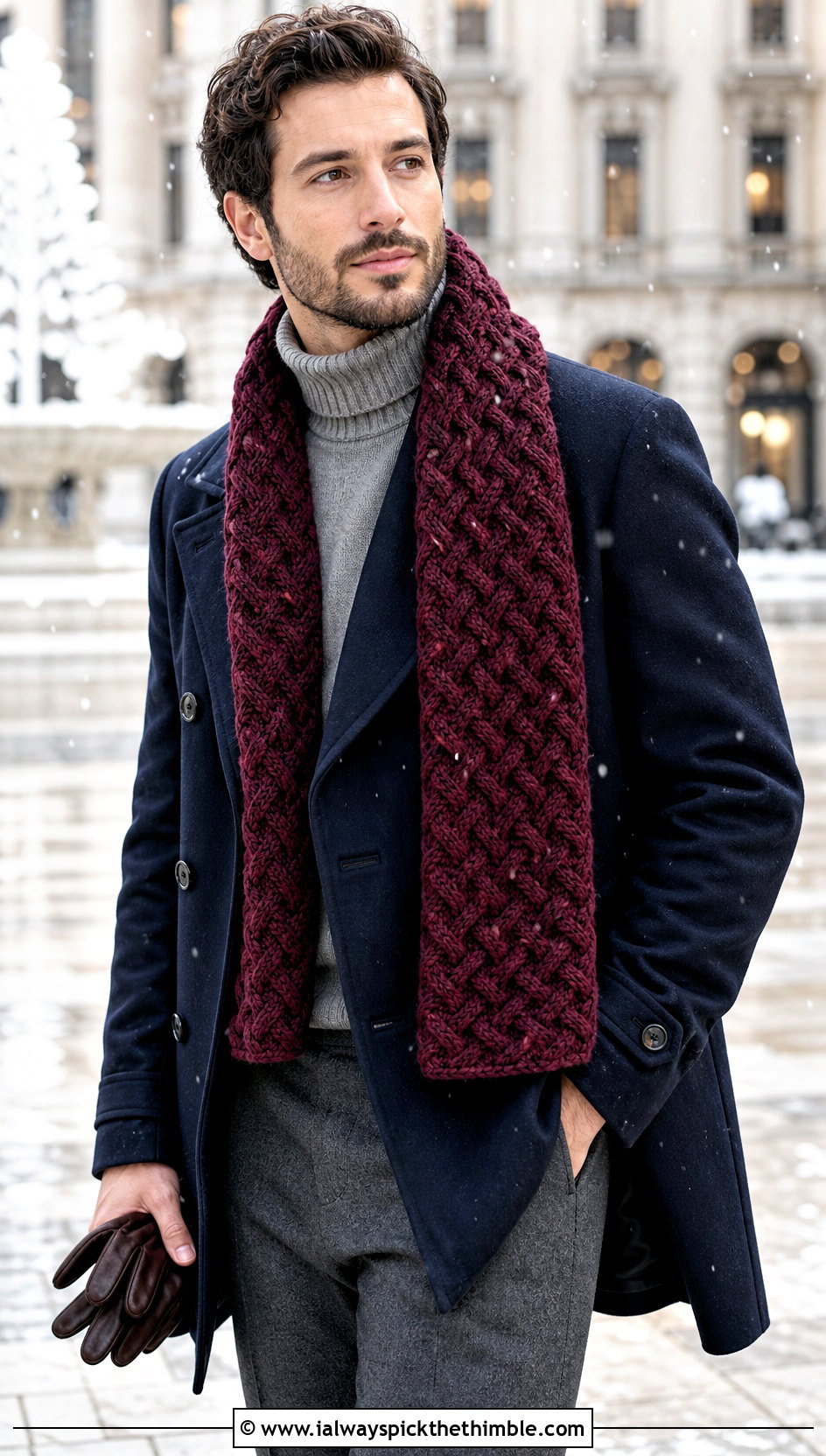 Cable Textured Crochet Scarf With Peacoat - 20 Mens Crochet Scarf outfit ideas