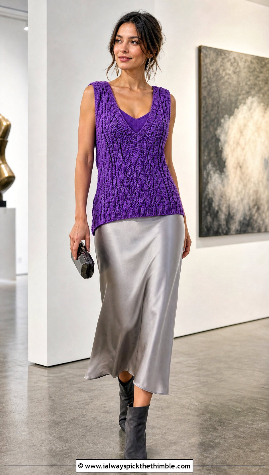 Cable Textured Crochet Slipover Vest With Satin Midi Skirt - 15 crochet slip over vest outfit ideas
