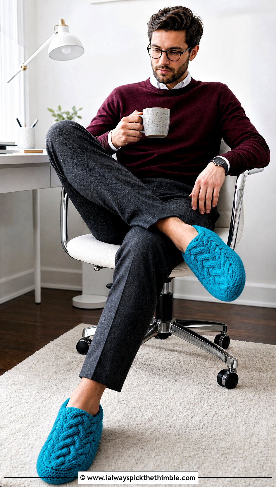 Cable Textured Crochet Slippers With Sweater And Wool Trousers - 20 crochet slippers for men outfit ideas