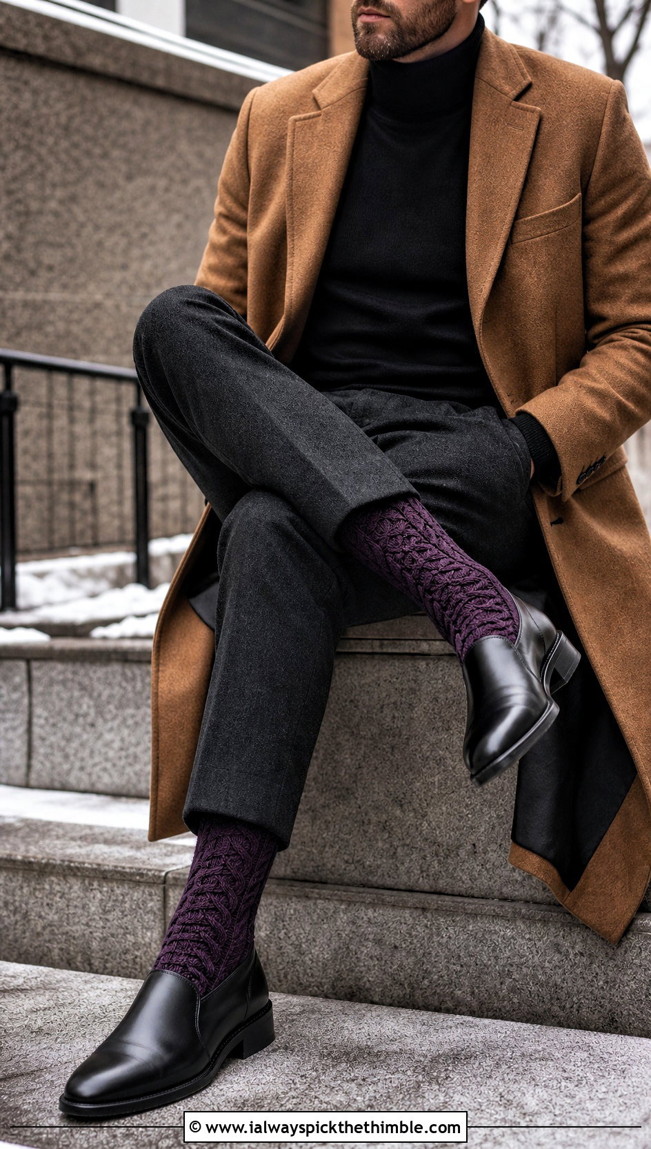 Cable Textured Crochet Socks With Overcoat And Trousers - 25 crochet socks for men outfit ideas