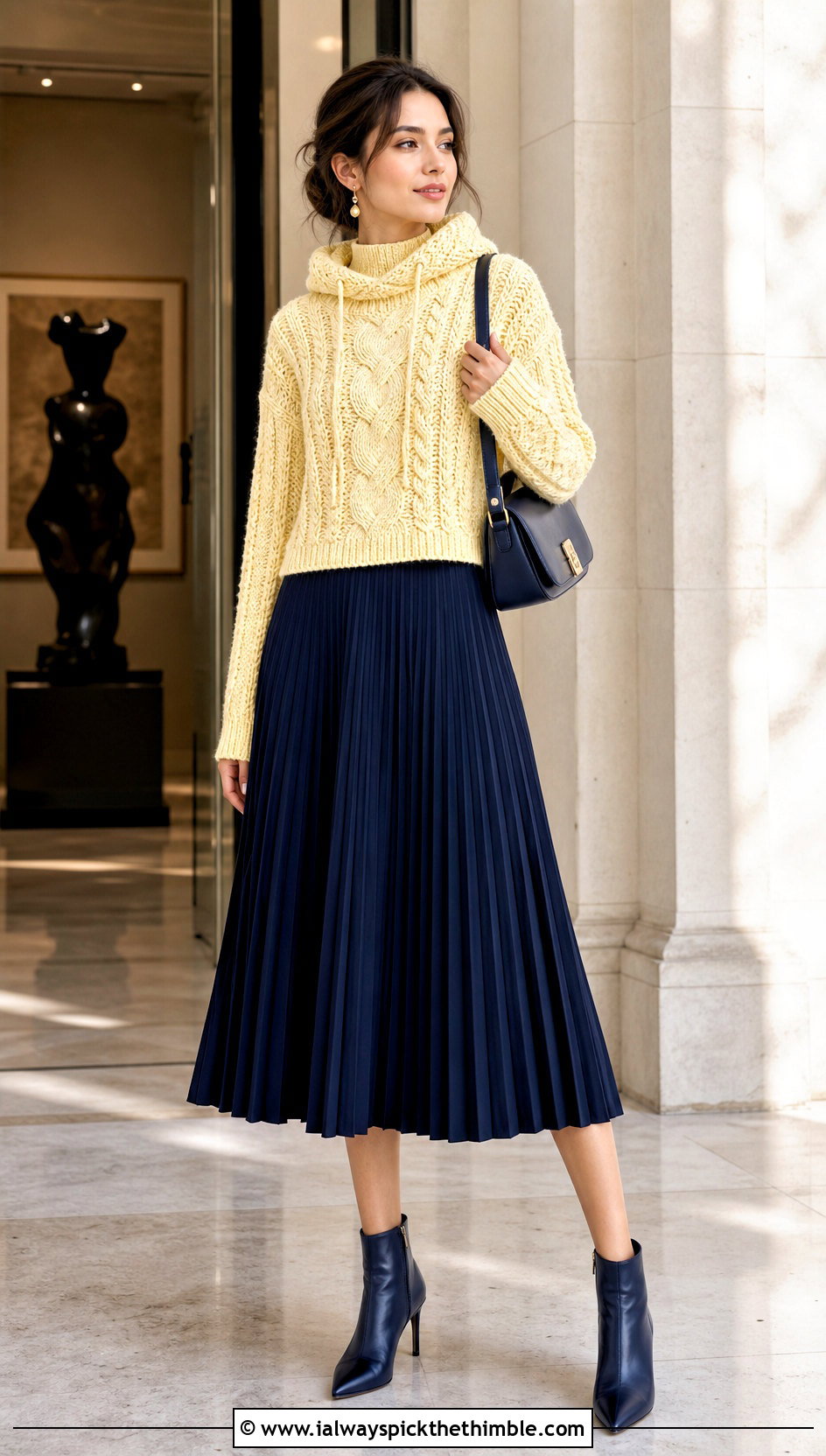 Cable Textured Crochet Turtleneck Hoodie With Pleated Midi Skirt - 25 crochet turtleneck hoodie outfit ideas