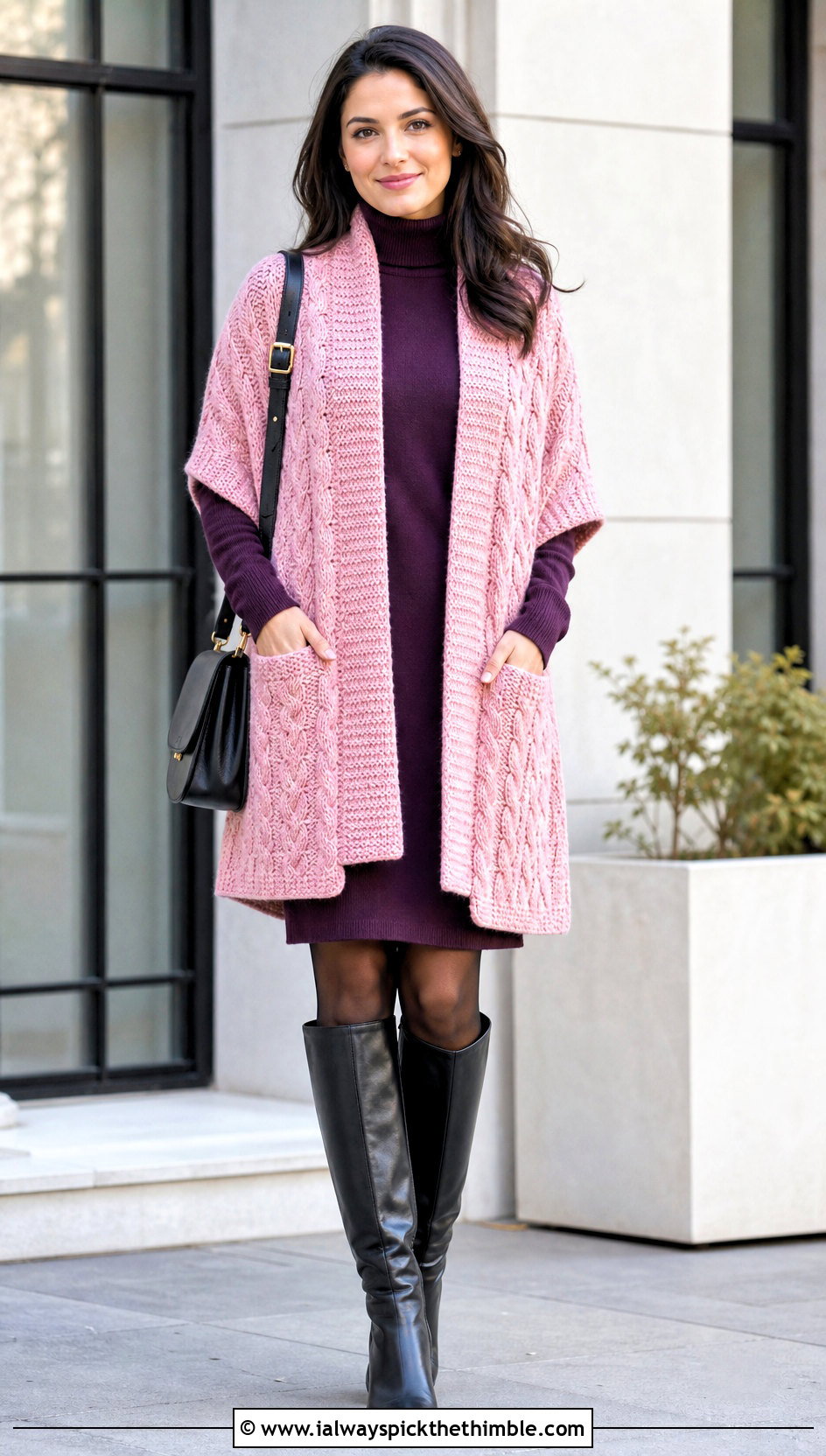 Cable Textured Crochet Wrap With Sweater Dress - 25 crochet wrap with pockets outfit ideas