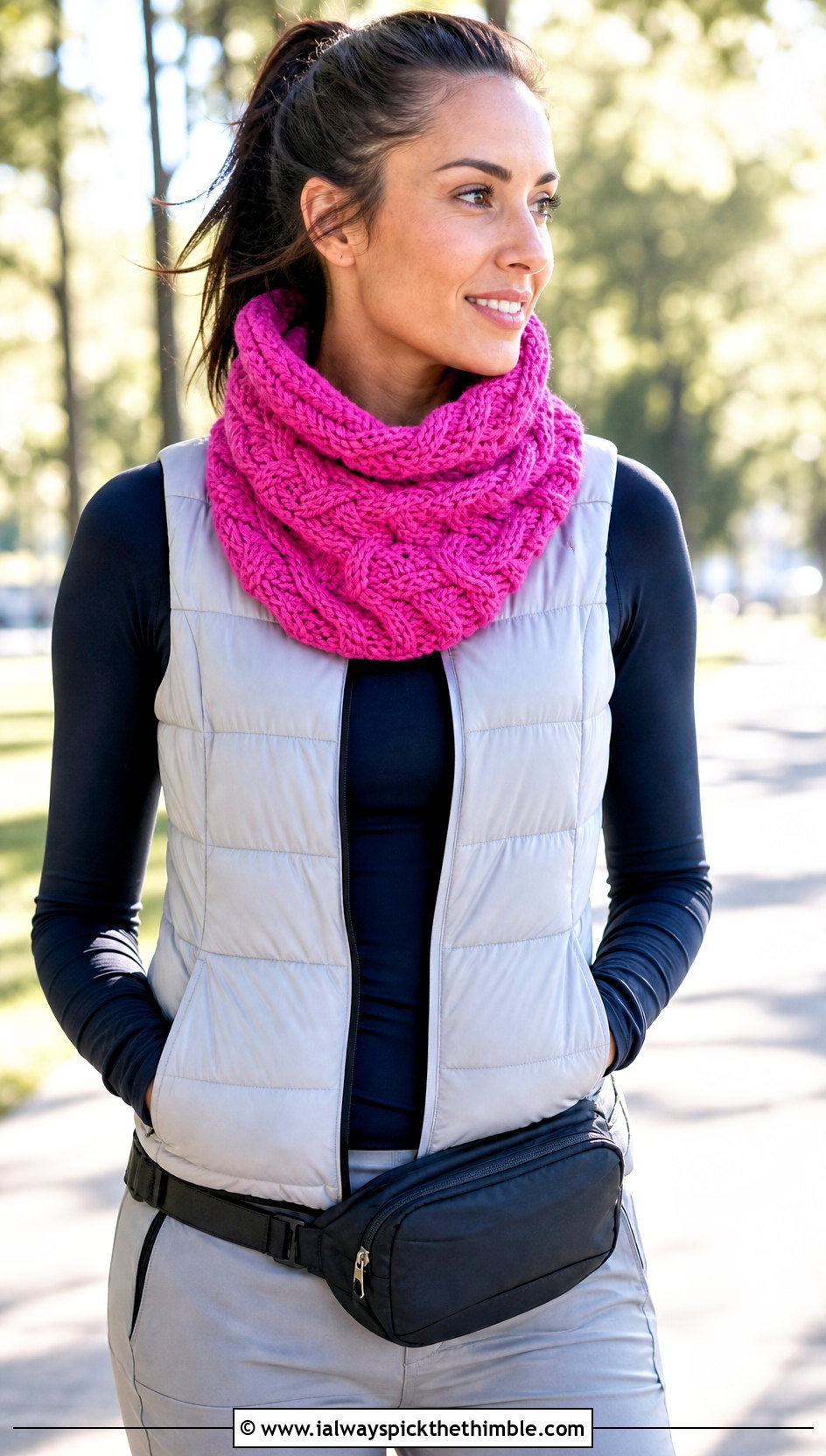 Cable Textured Crocheted Cowl With Puffer Vest - 20 Crocheted Cowl outfit ideas