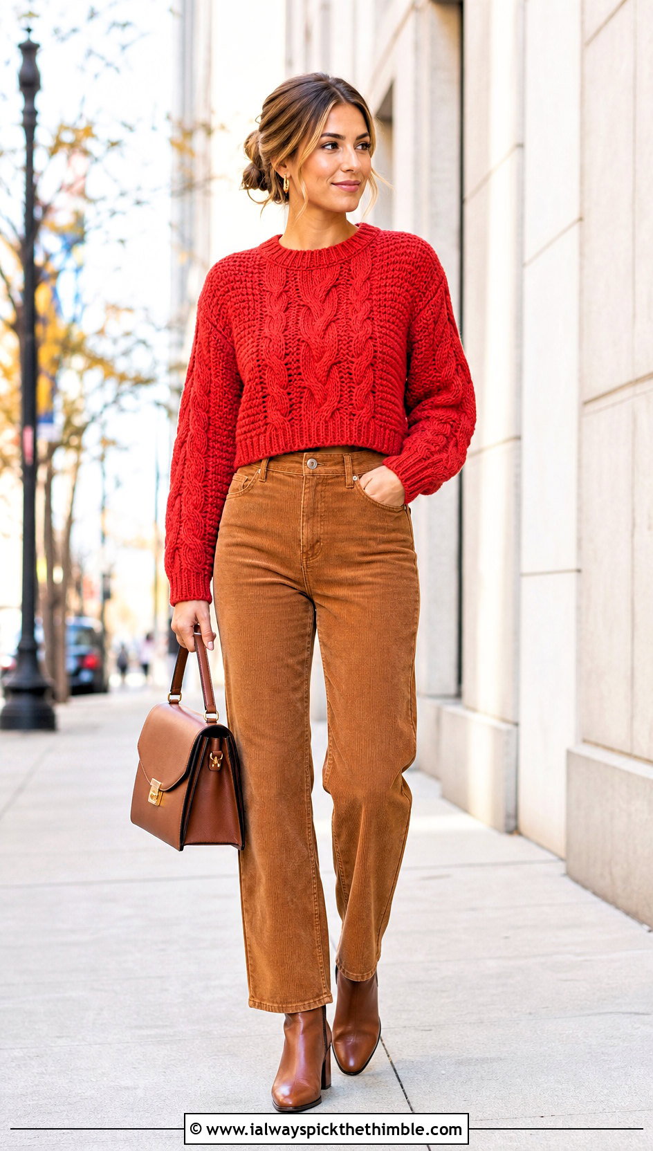 Cable Textured Cropped Crochet Sweater With Corduroy Pants - 25 cropped crochet sweater outfit ideas