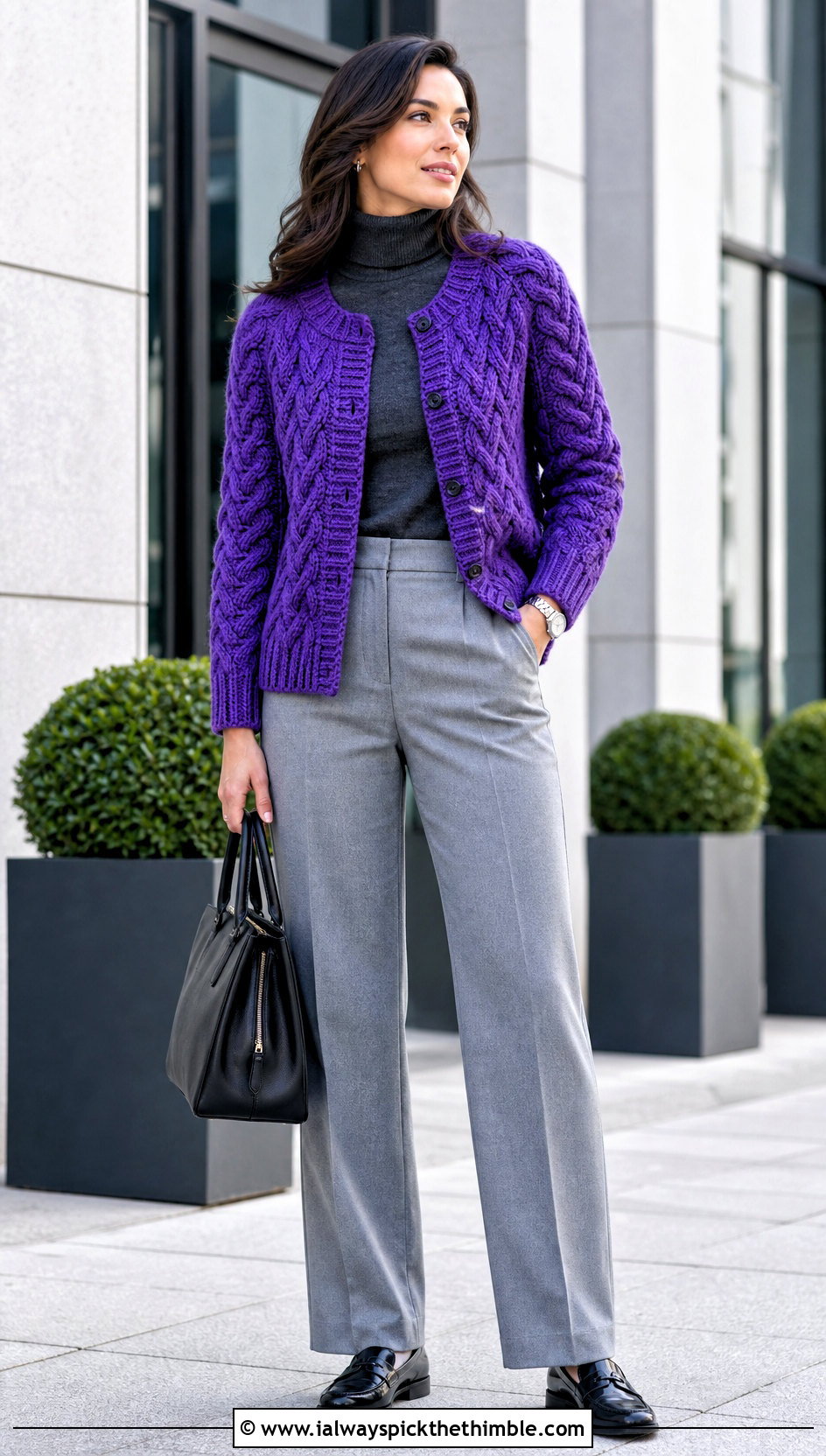 Cable Textured DK Crochet Cardigan With Wool Trousers - 20 Dk Crochet Cardigan outfit ideas