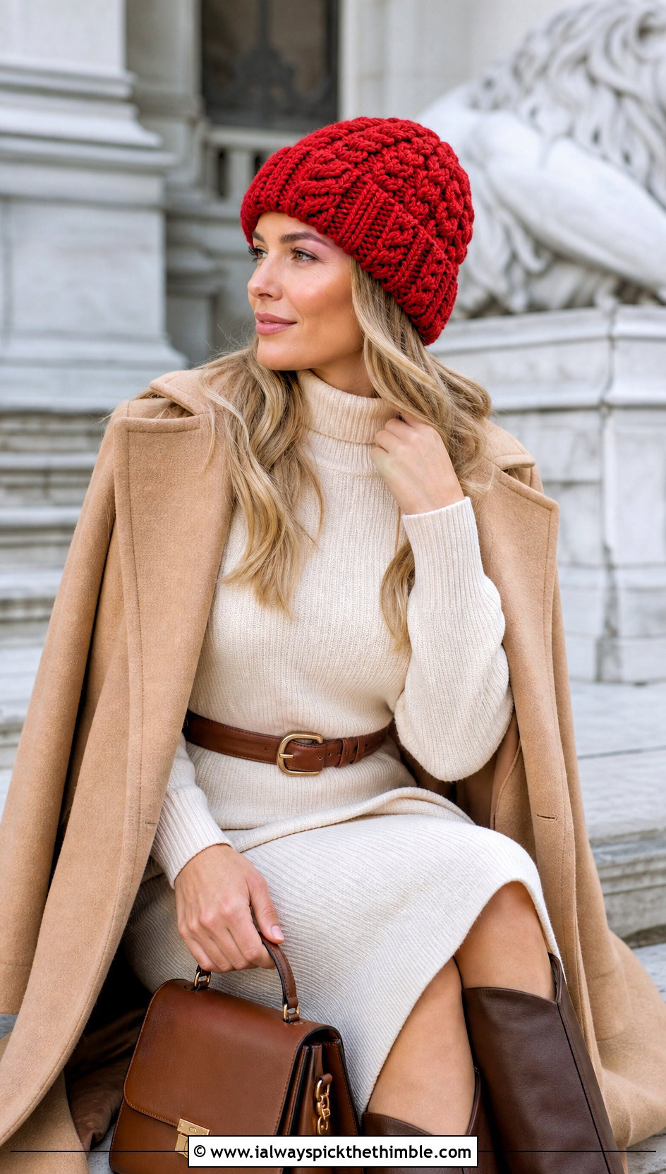 Cable Textured Glacier Crochet Beanie With Sweater Dress - 15 Glacier Crochet Beanie outfit ideas