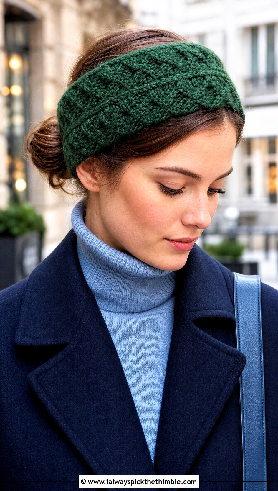 Cable Textured Green Crochet Headband With Peacoat And Wide Leg Pants - 20 green crochet headband outfit ideas