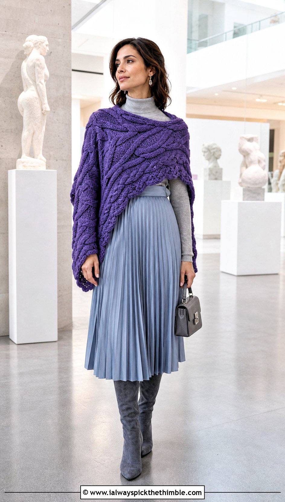 Cable Textured Highlander Shawl With Pleated Skirt - 20 Crochet Highlander Shawl outfit ideas