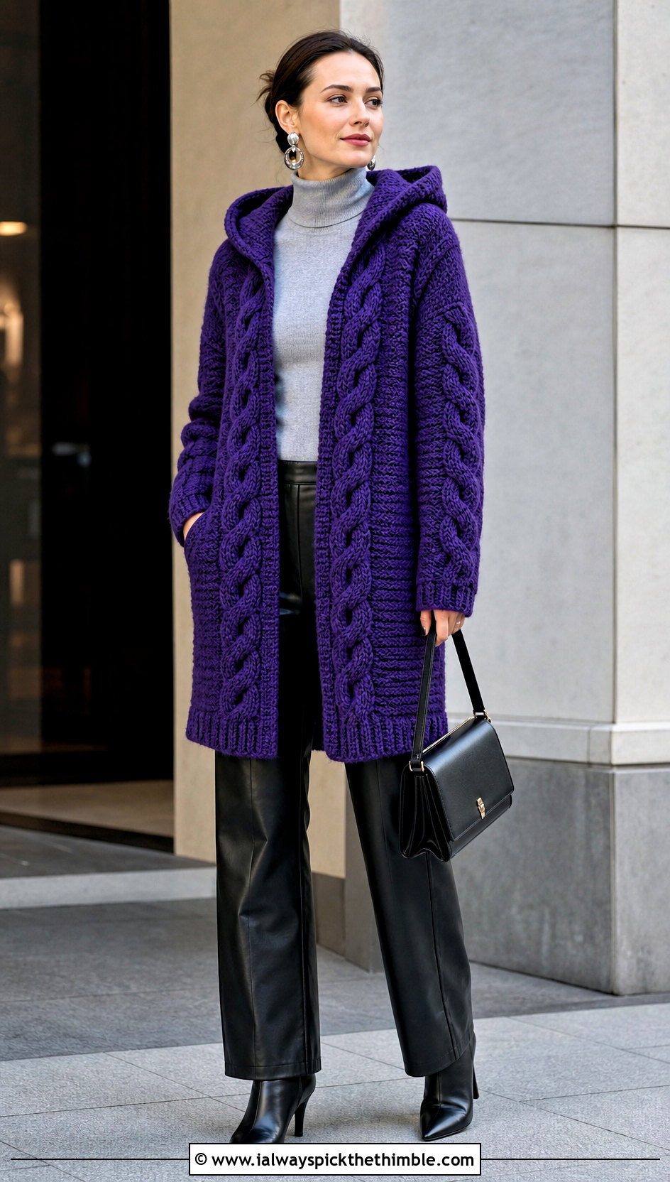 Cable Textured Hooded Crochet Cardigan With Leather Pants - 25 hooded crochet cardigan outfit ideas