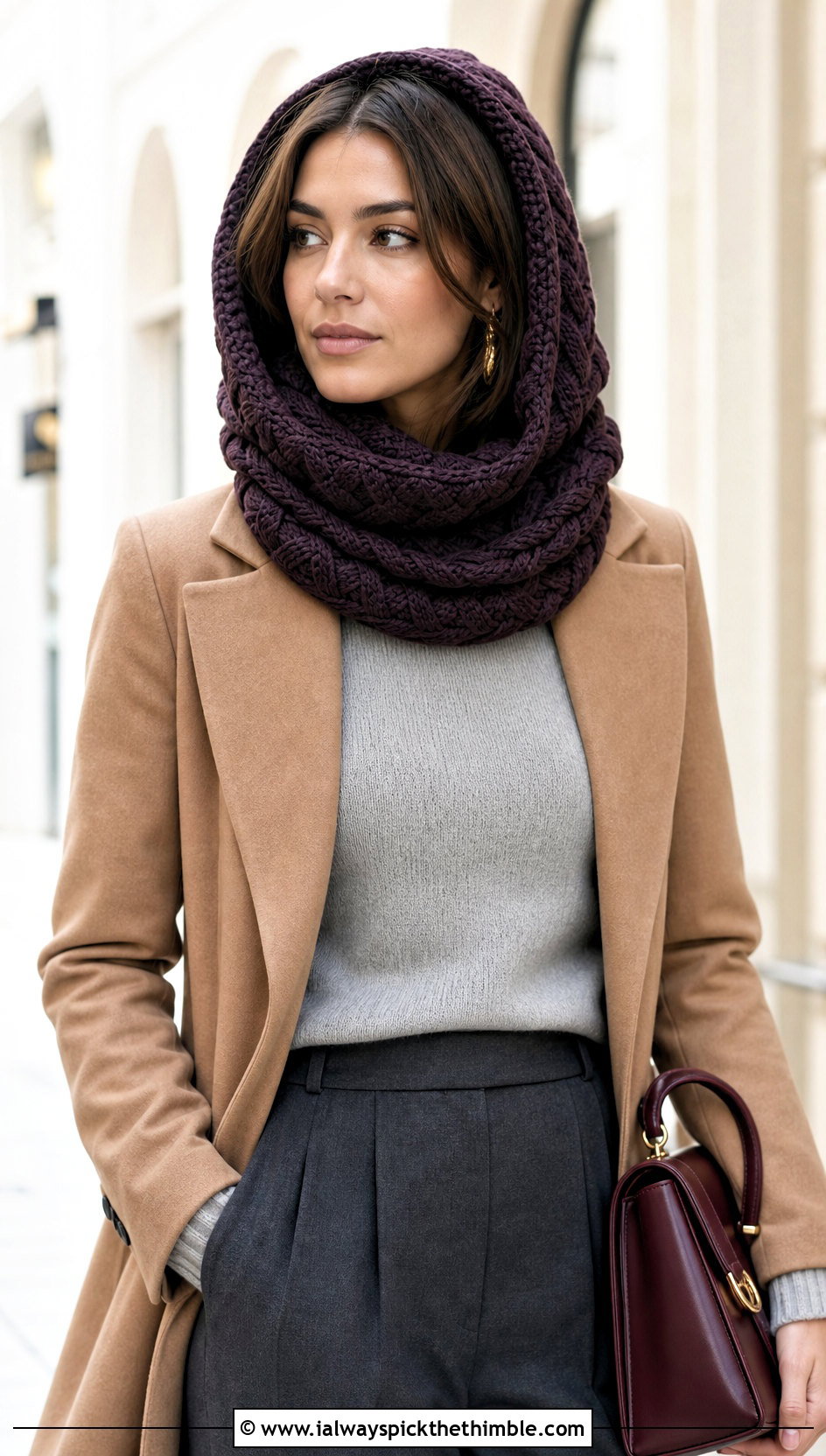 Cable Textured Hooded Crochet Cowl Snood With Wool Coat - 20 hooded crochet cowl snood outfit ideas