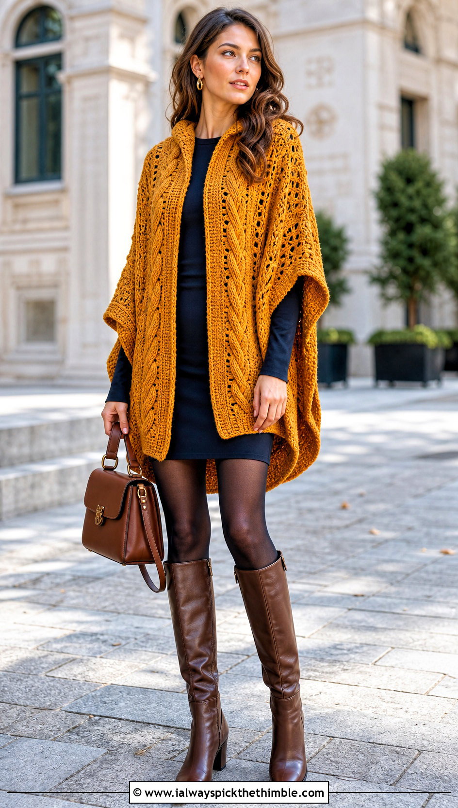 Cable Textured Hooded Crochet Ruana With Mini Dress - 20 Hooded Crochet Ruana outfit ideas