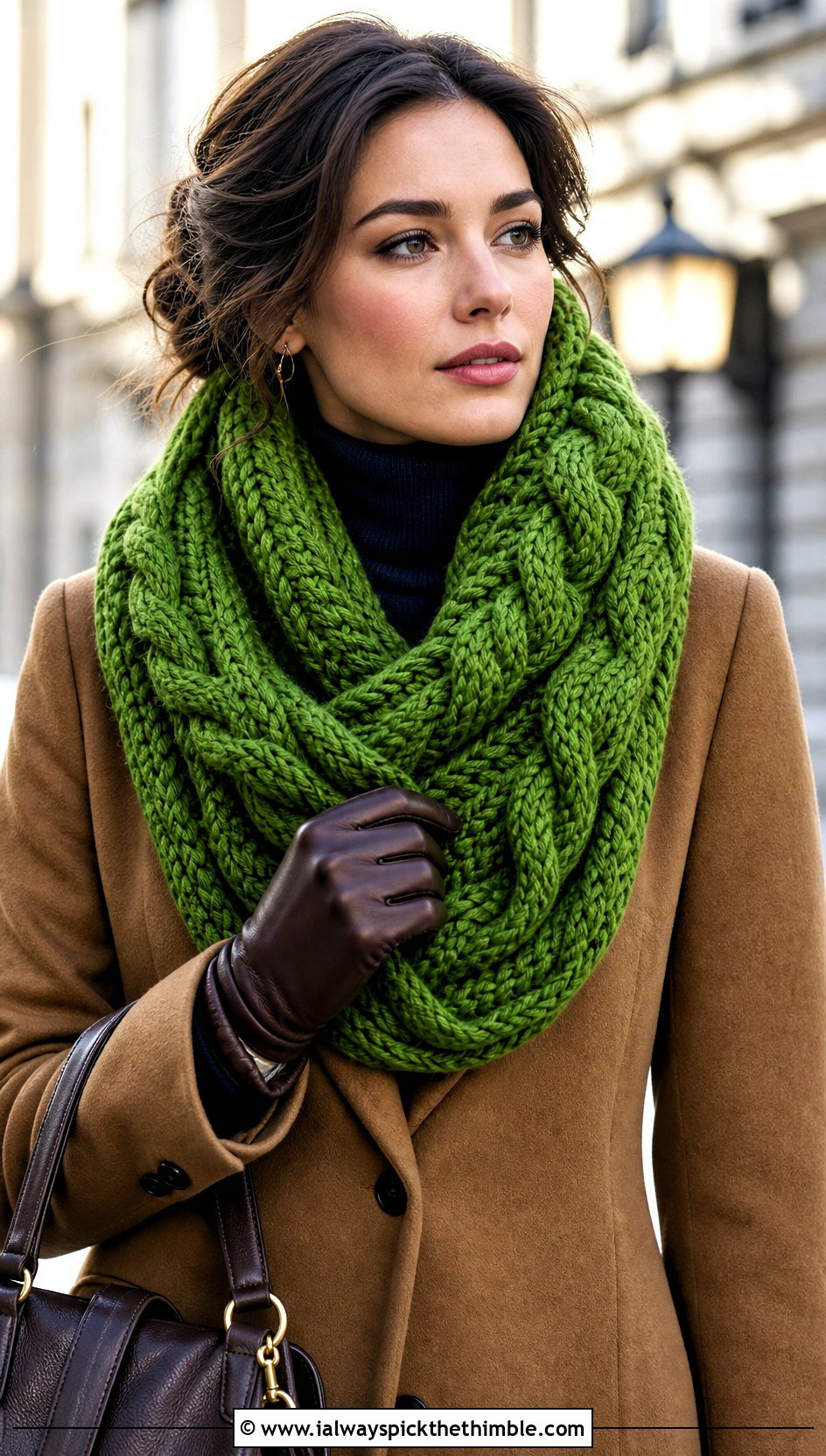 Cable Textured Oversized Crochet Infinity Scarf With Wool Coat - 15 Oversized Crochet Infinity Scarf outfit ideas