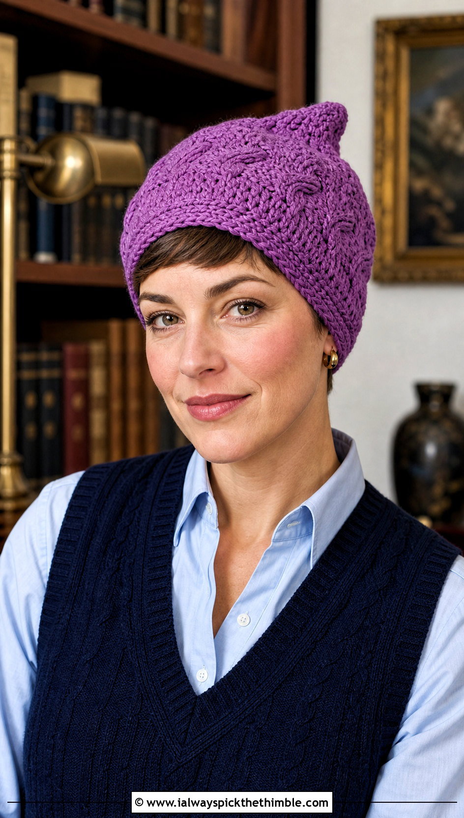 Cable Textured Pixie Cap With Sweater Vest And Trousers - 20 crochet pixie hat outfit ideas