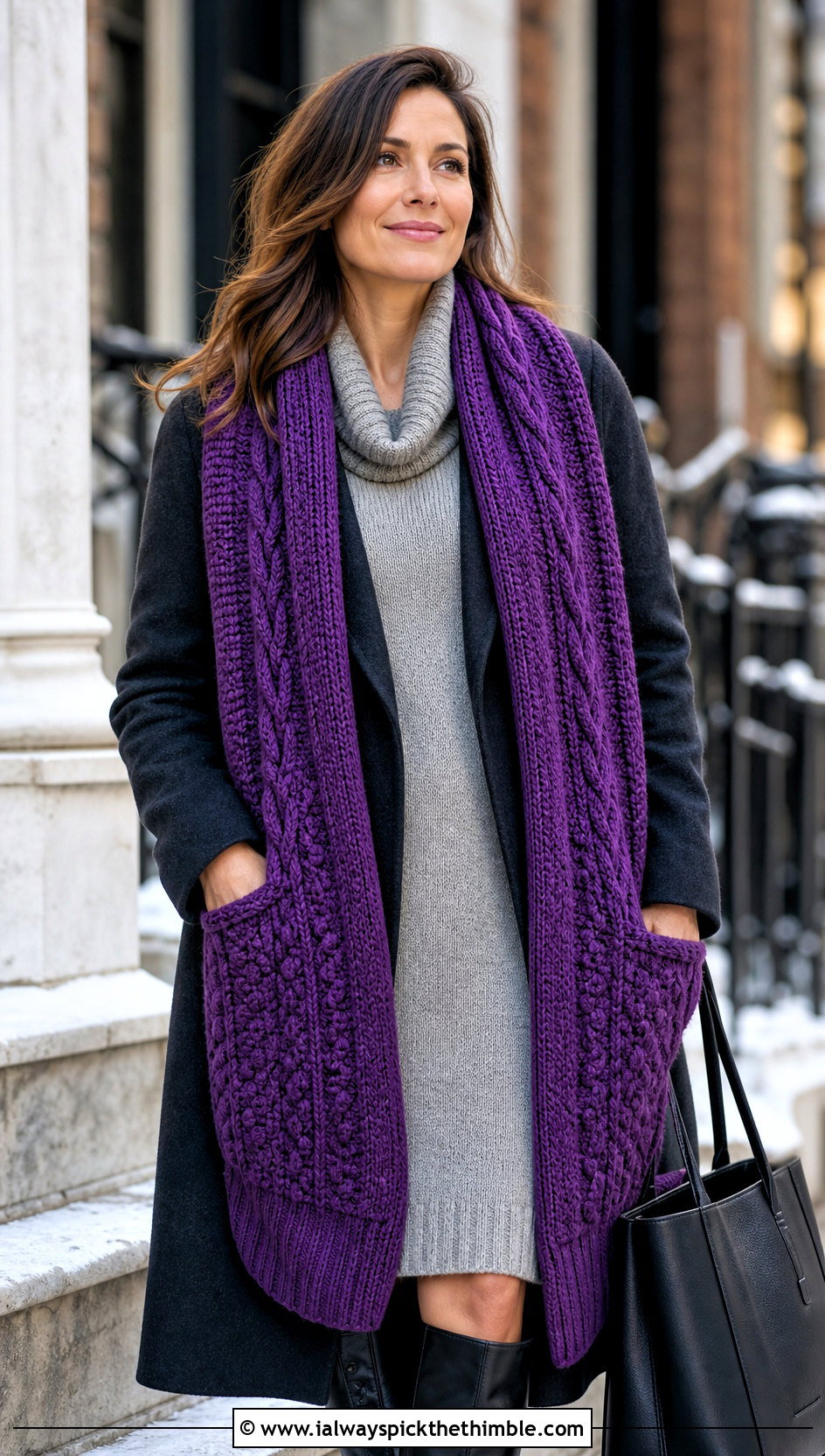 Cable Textured Pocket Scarf With Wool Coat - 20 crochet pocket scarves outfit ideas