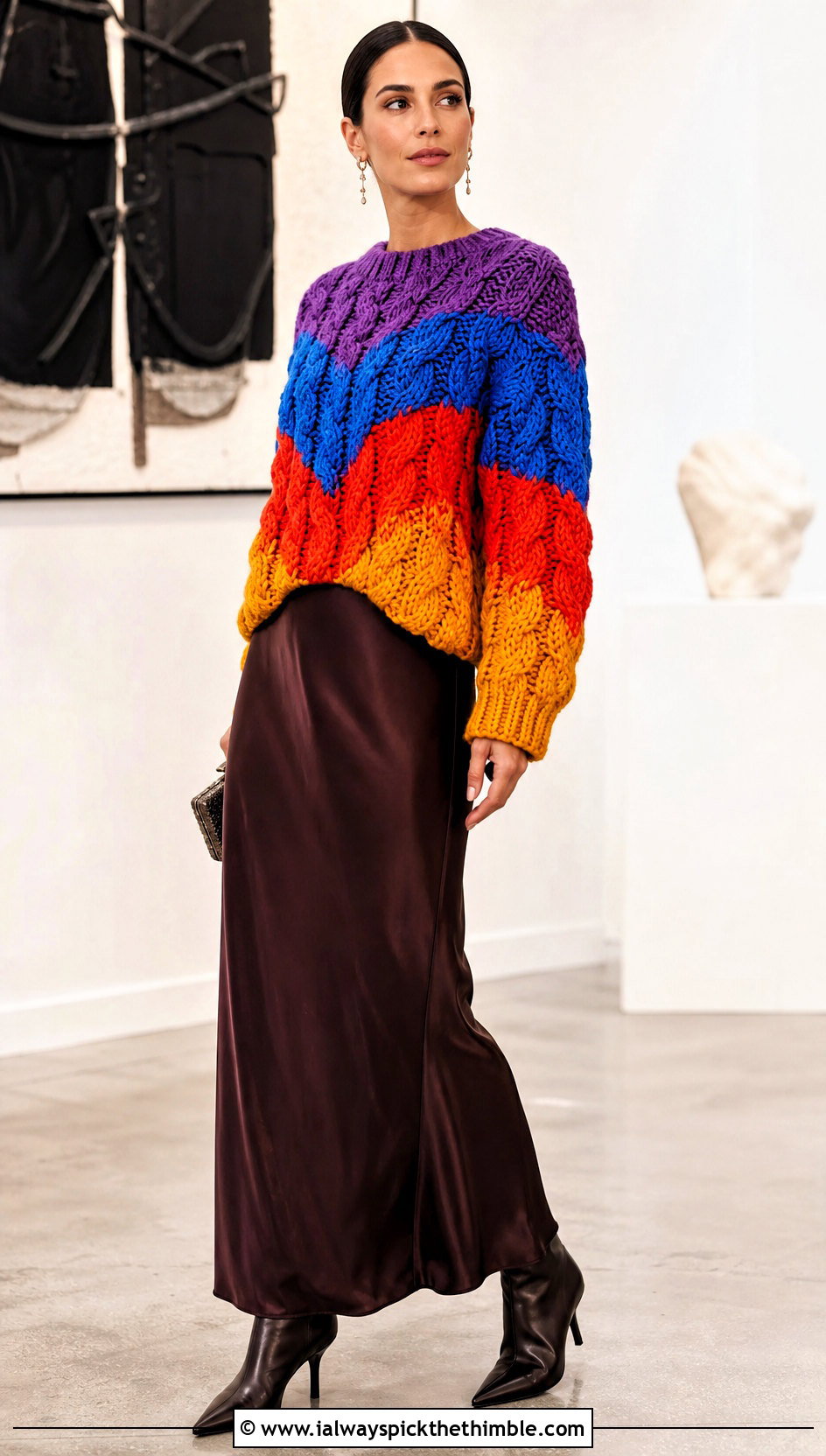Cable Textured Rainbow Crochet Sweater With Slip Dress - 20 Rainbow Crochet Sweater outfit ideas