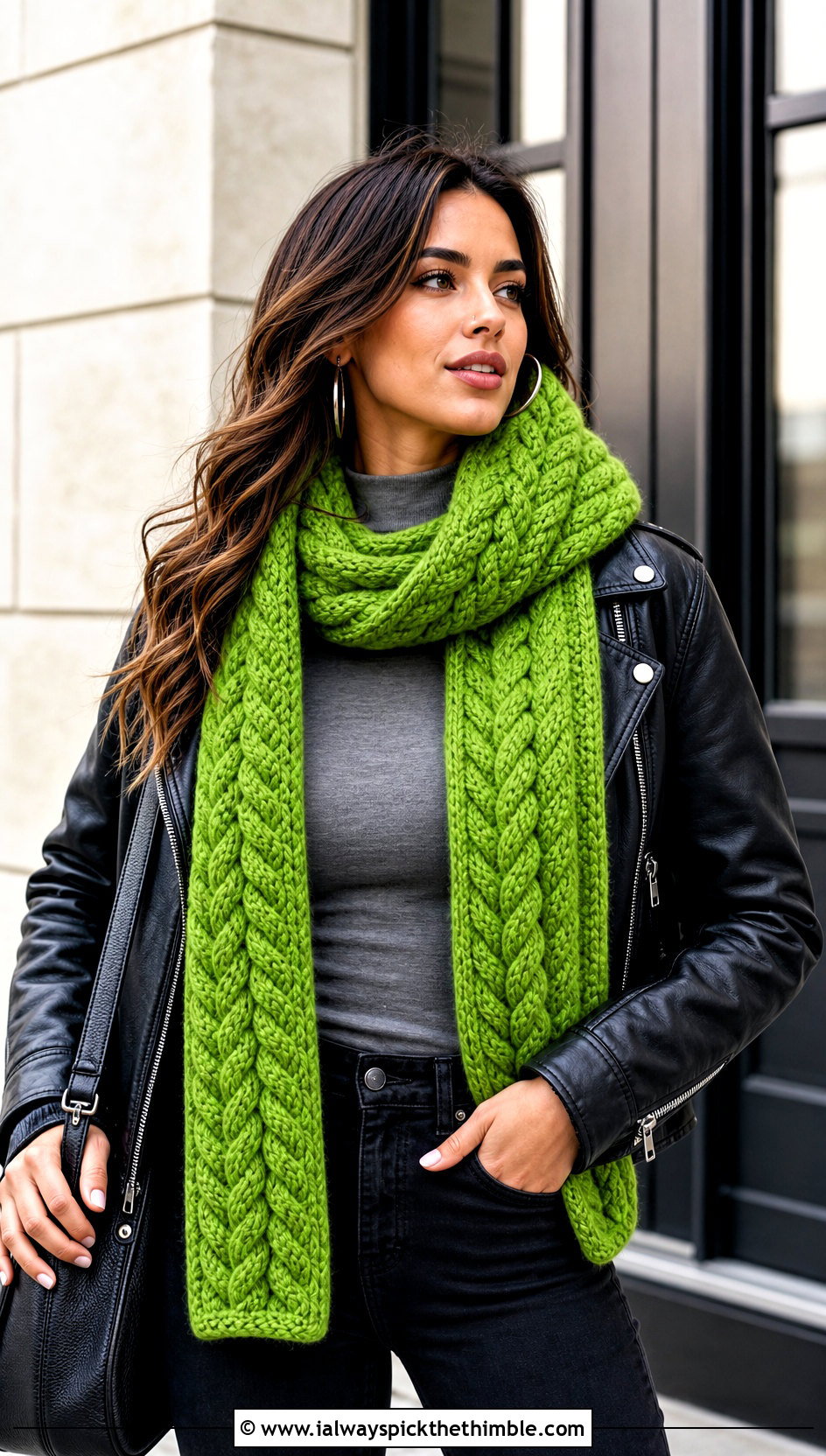 Cable Textured Thick Crochet Scarf With Leather Jacket - 15 Thick Crochet Scarf outfit ideas