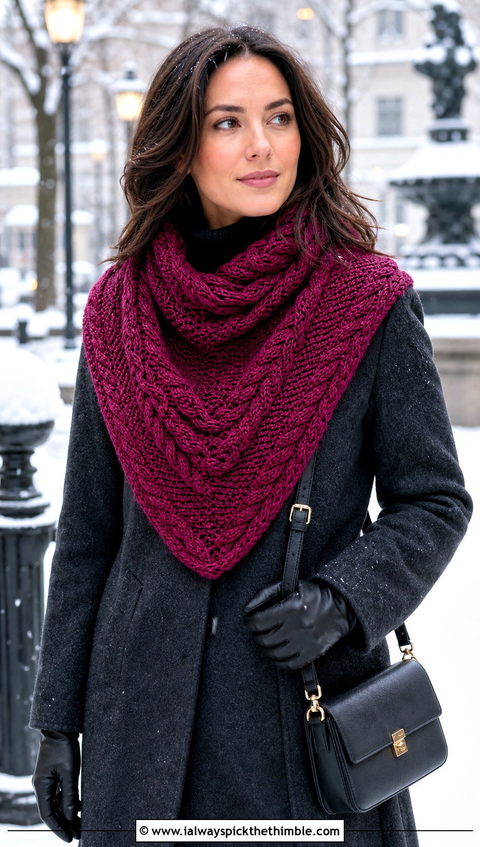 Cable Textured Tunisian Crochet Triangle Shawl With Wool Coat - 20 Tunisian Crochet Triangle Shawl outfit ideas