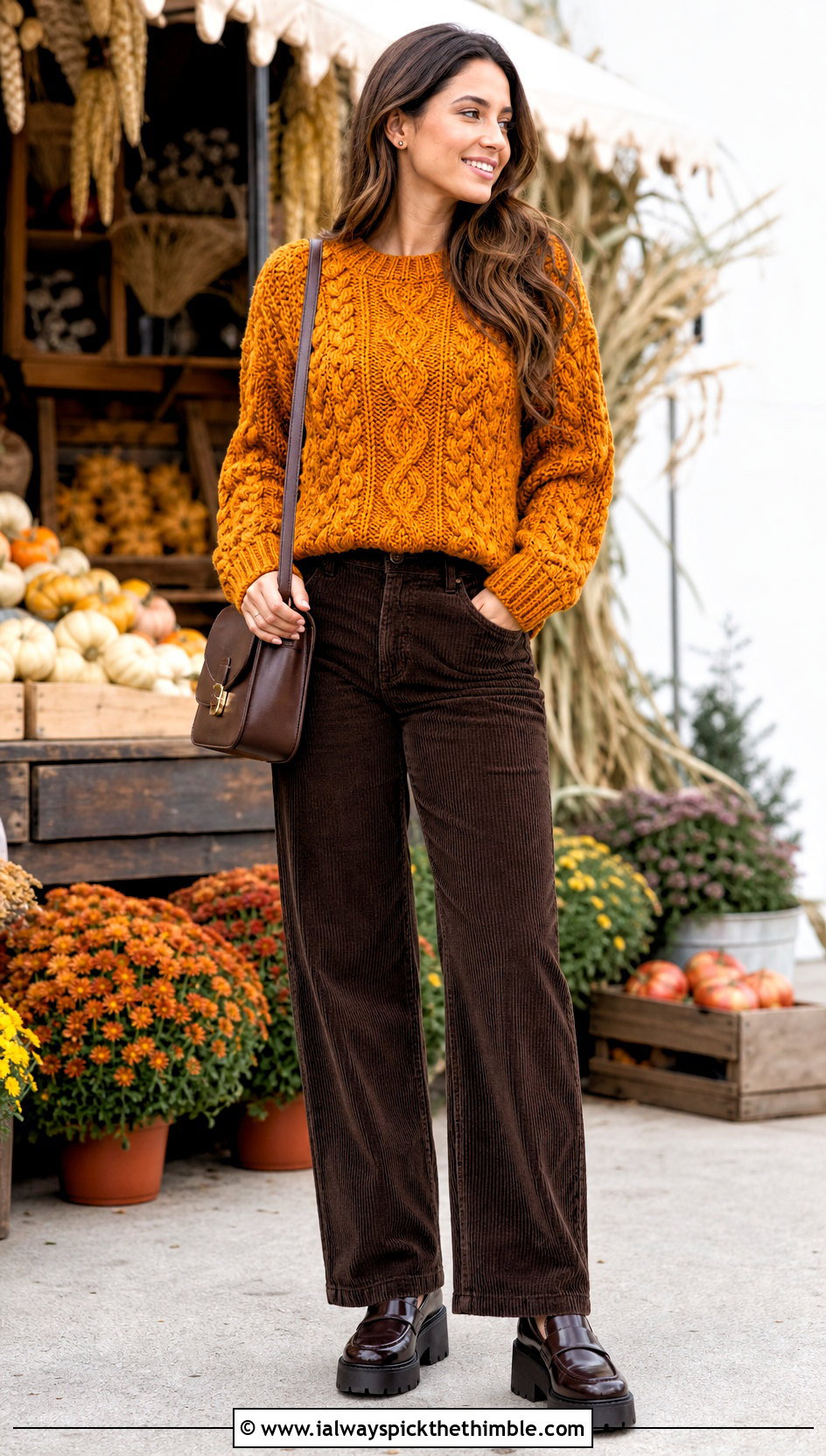 Cable Textured Velvet Crochet Sweater With Corduroy Pants - 20 velvet crochet sweater outfit ideas