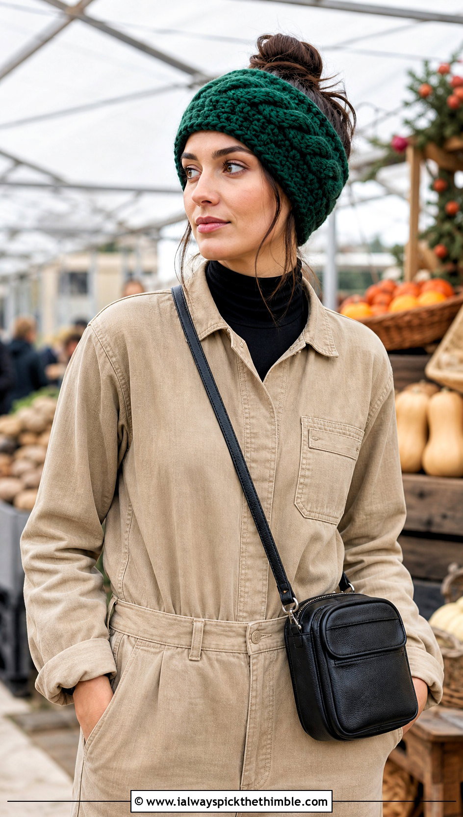 Cable Textured Wool Ease Thick And Quick Crochet Headband With Utility Jumpsuit - 15 wool ease thick and quick crochet headband outfit ideas