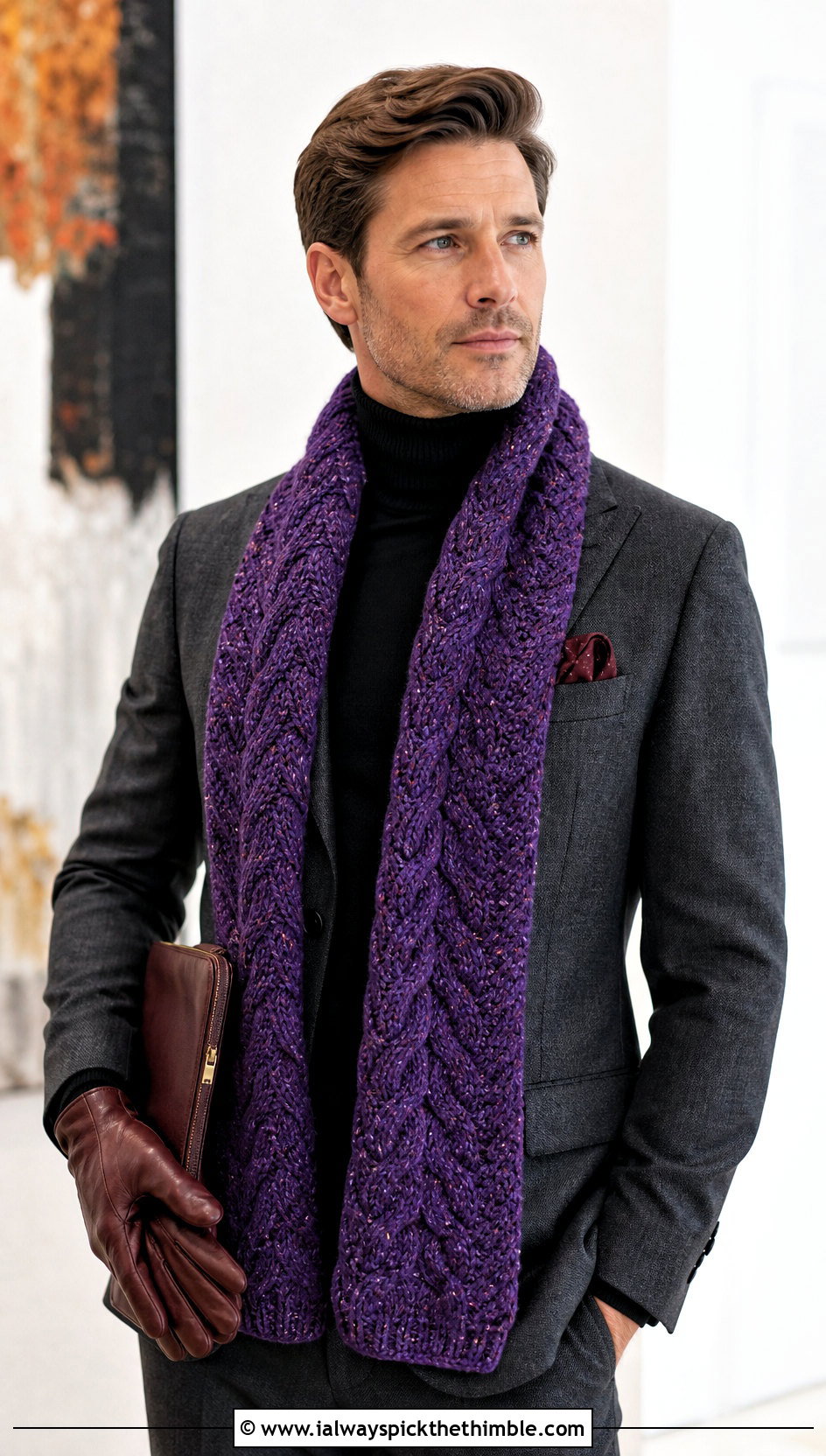 Cable Tweed Crochet Scarf With Tailored Suit - 15 Tweed Men's Crochet Scarf outfit ideas