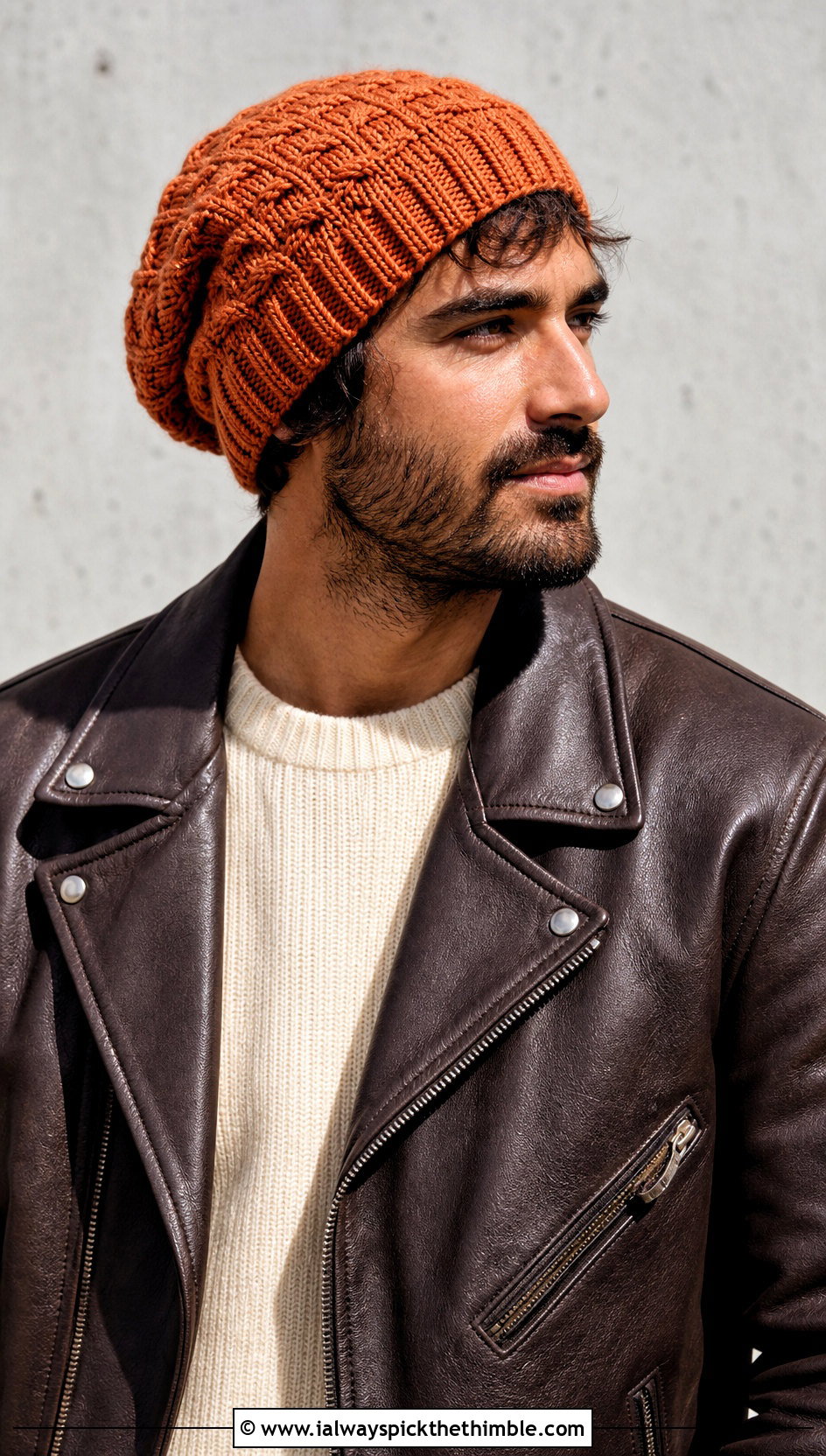 Cable Twist Crochet Slouchy Beanie With Leather Jacket - 25 Crochet Slouchy Hat Mens Slouch Beanie outfit ideas