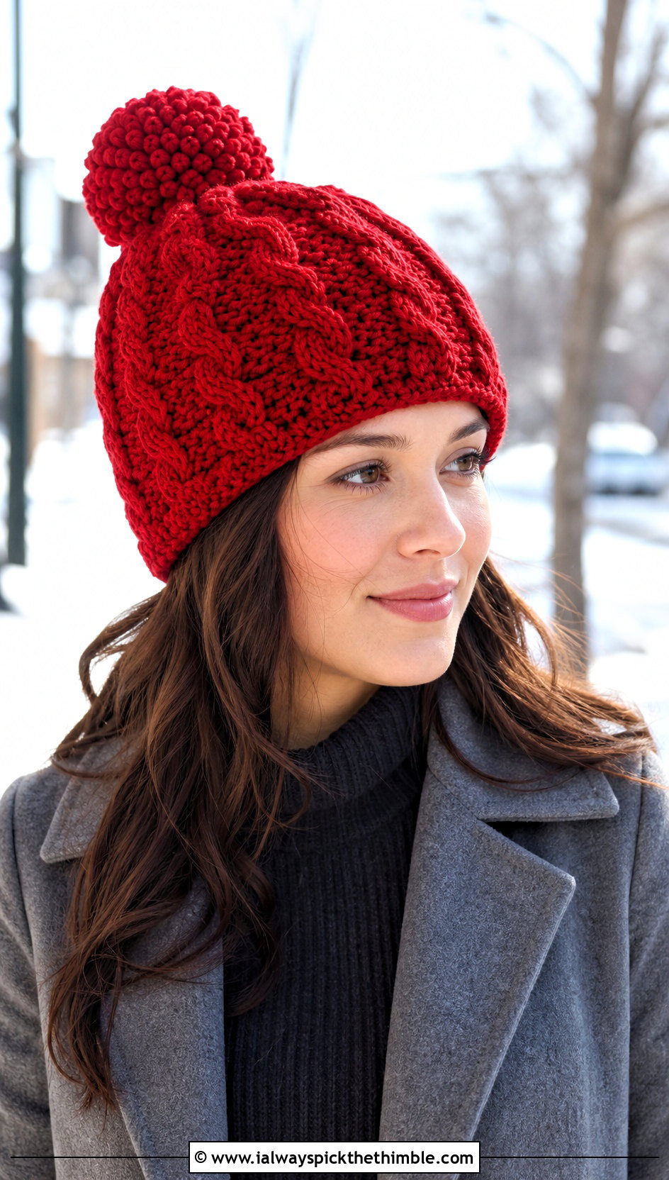 Cable Twist Pom Pom Hat With Sweater Dress - 15 Crochet Crowd Hat outfit ideas