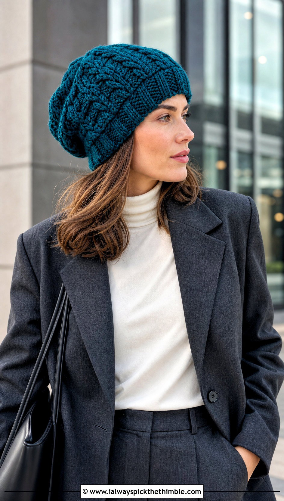 Cable Twist Slouchy Beanie With Blazer And Trousers - 25 crochet slouchy beanie outfit ideas